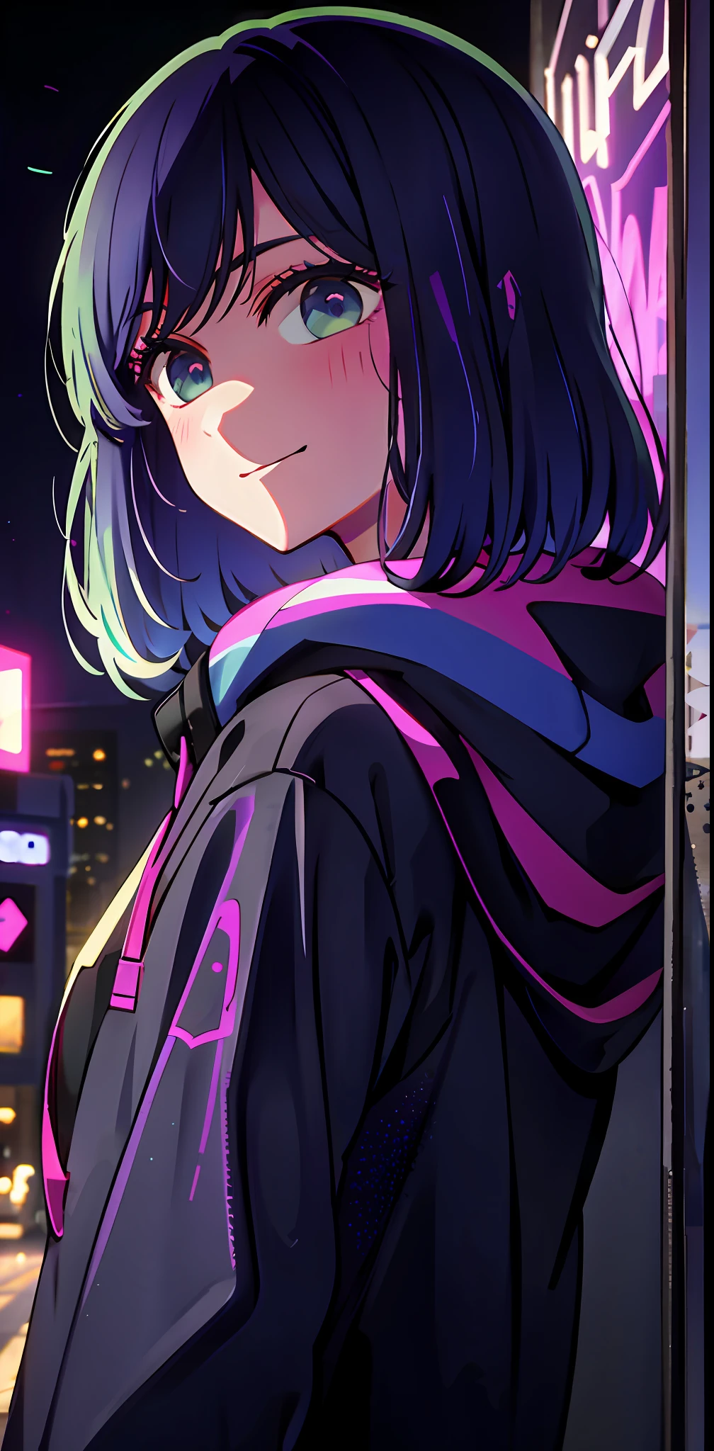detailed background, masterpiece, best quality, smile, ornament, hood, portrait, neon pink, graffiti, dark, night, bright eyes, purple light