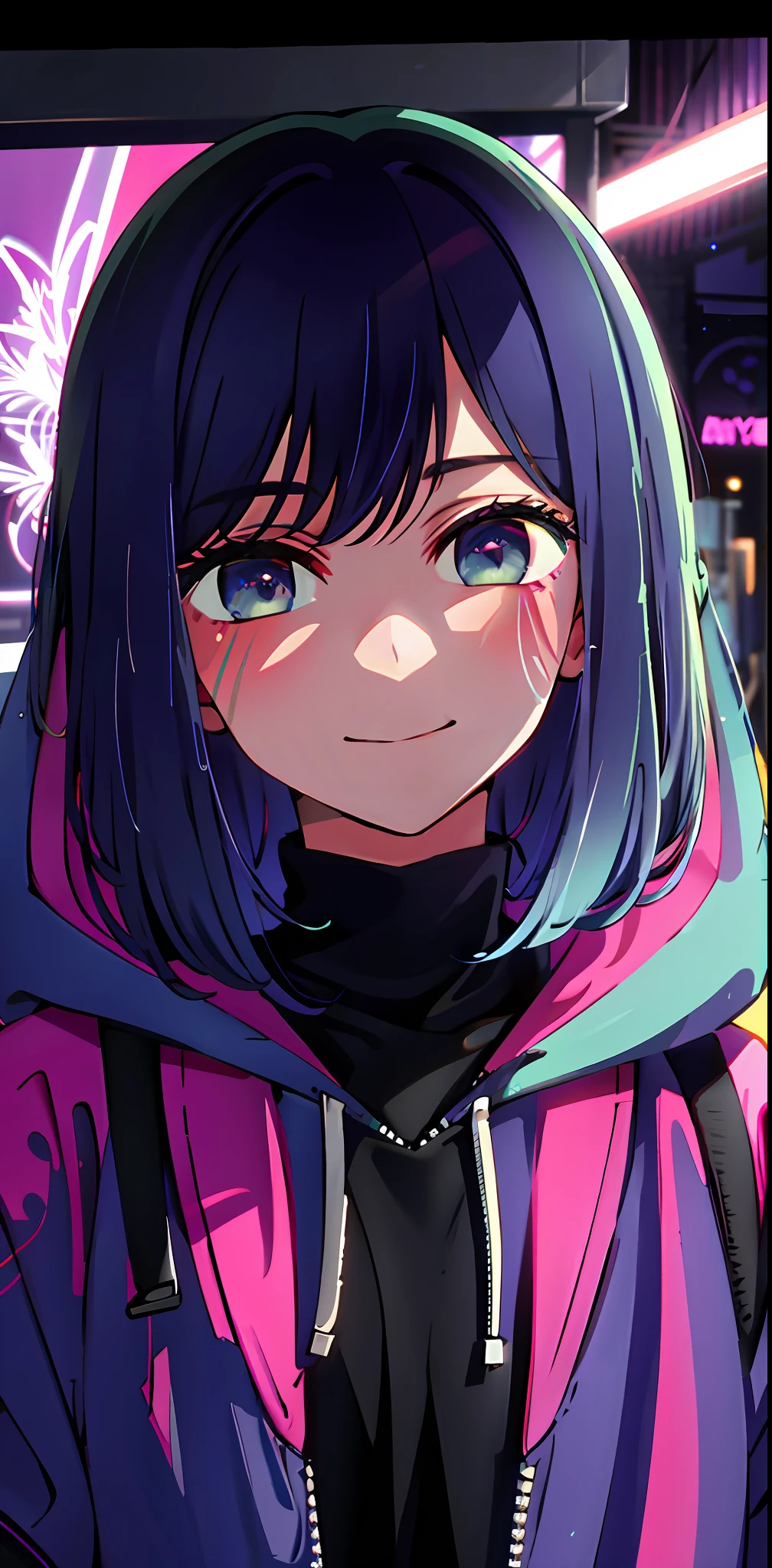 detailed background, masterpiece, best quality, smile, ornament, hood, portrait, neon pink, graffiti, dark, night, bright eyes, purple light
