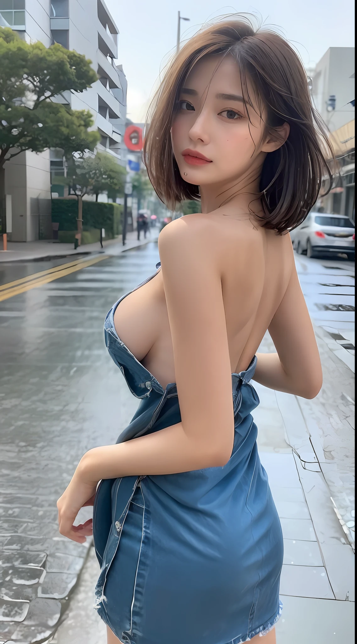 ((Best Quality, 8k, Masterpiece:1.3)), Focus:1.2, Perfect Body Beauty:1.4, Buttocks:1.2, ((Layered Haircut, Breasts:1.2)), (Wet Clothes:1.1) , (Rain, Street:1.3), Bandeau Dress: 1.1, Highly Detailed Face and Skin Texture, Fine Eyes, Double Eyelids, Whitened Skin, Long Hair, (Shut Up: 1.3)