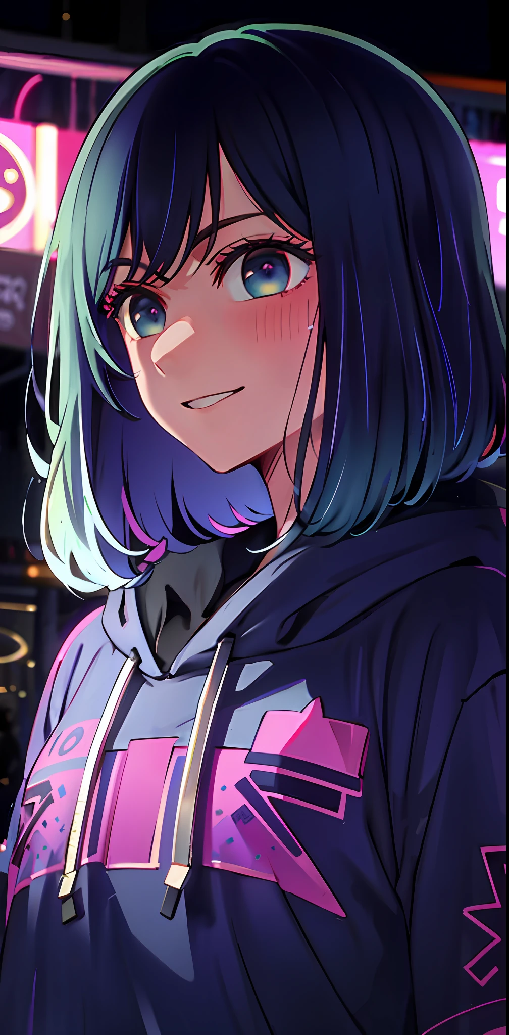 detailed background, masterpiece, best quality, smile, ornament, hood, portrait, neon pink, graffiti, dark, night, bright eyes, purple light