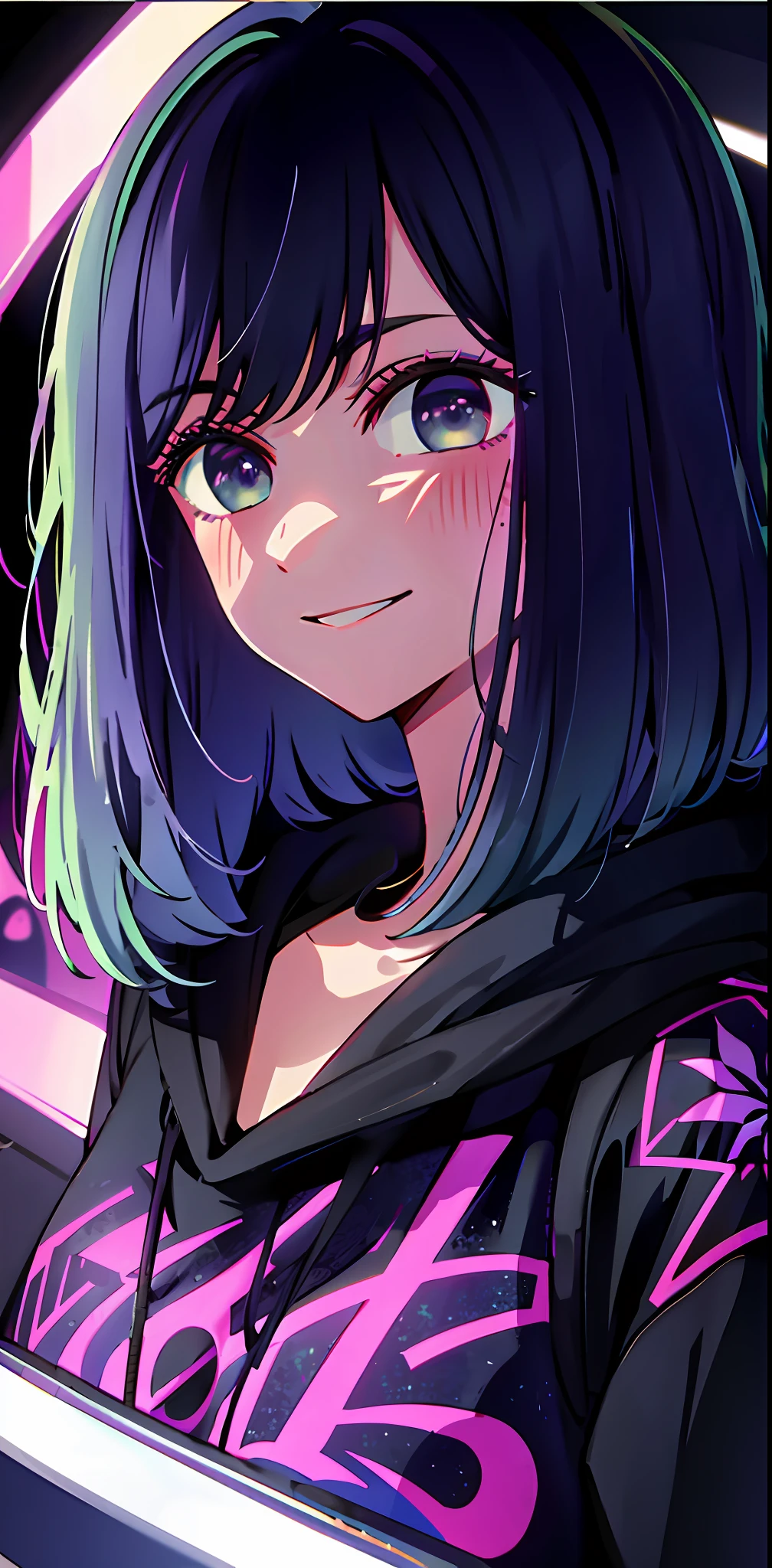 detailed background, masterpiece, best quality, smile, ornament, hood, portrait, neon pink, graffiti, dark, night, bright eyes, purple light