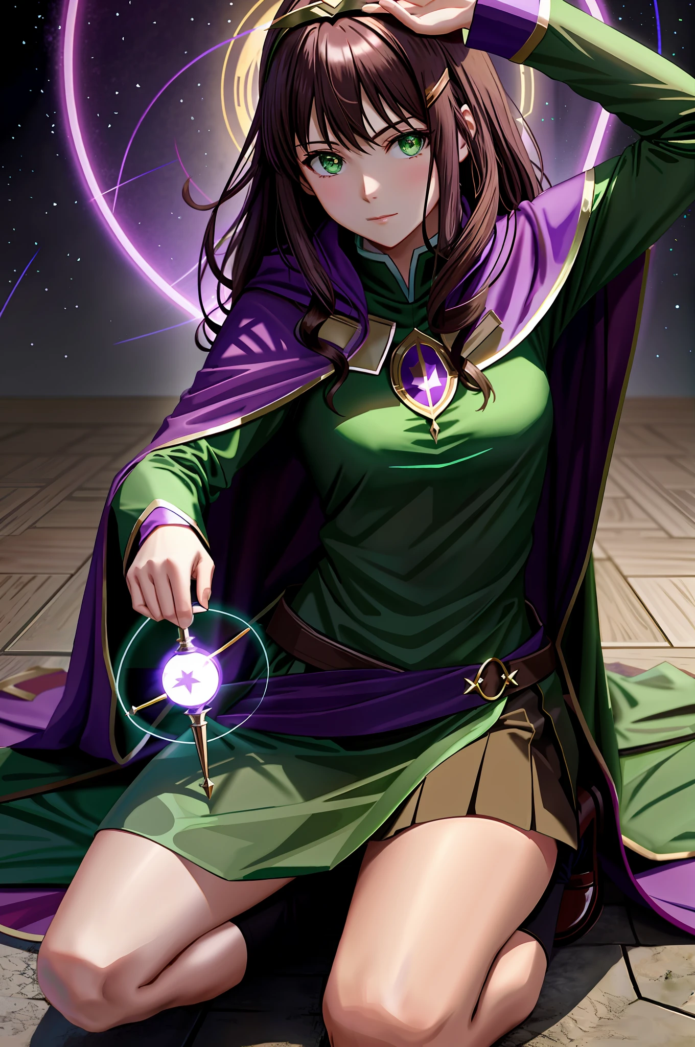 Huntress magician anime kneeling dark brown hair green tunic, purple cape, green eyes, floor with bright magic symbol, balls of light.