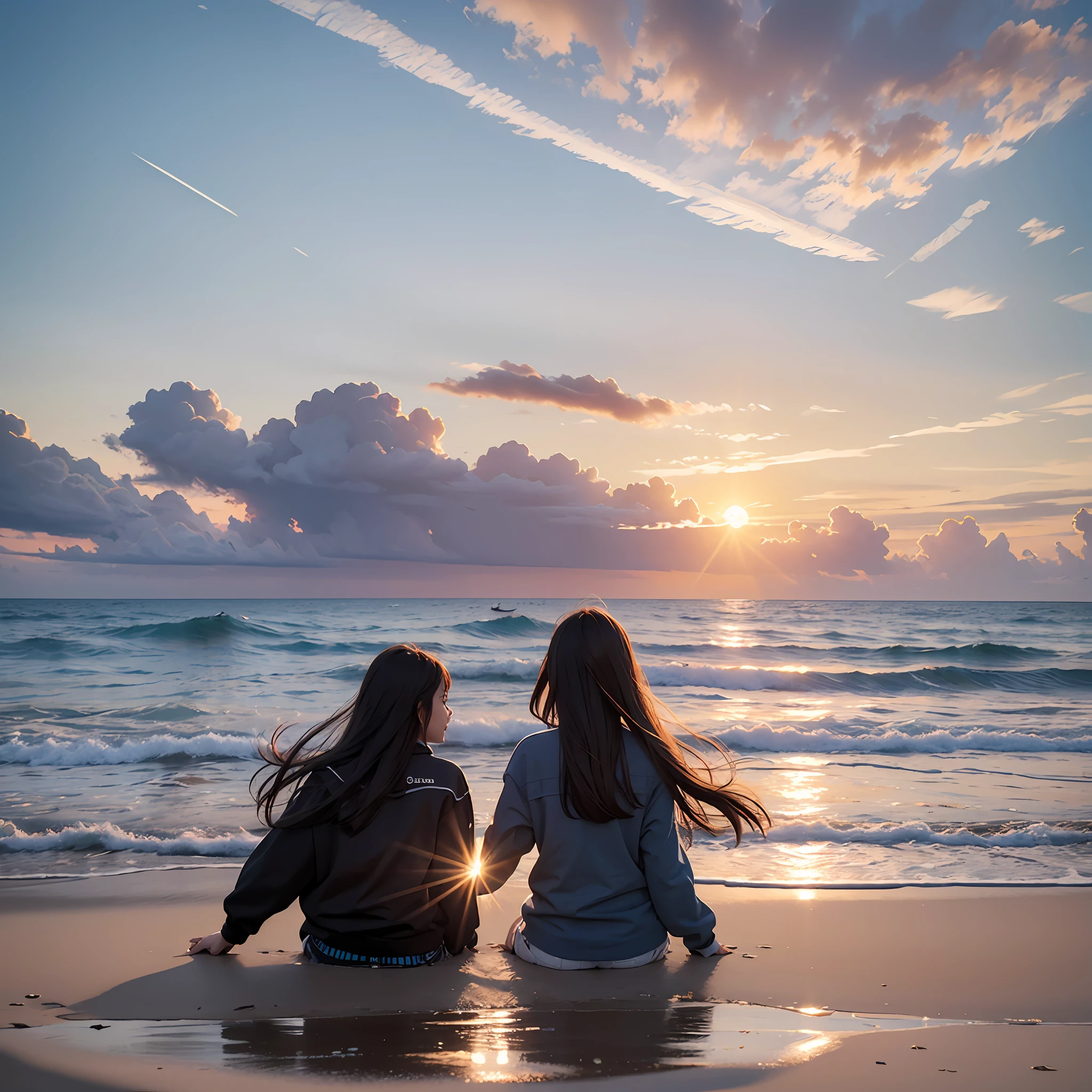 Top Quality, Ultra High Definition, RAW photo, Happy Sister and Sister, Distant View, Summer, Seaside, Dynamic Sunset, Dynamic Entrance Clouds, Movie Scene, Backlight, Depth of Scenery
