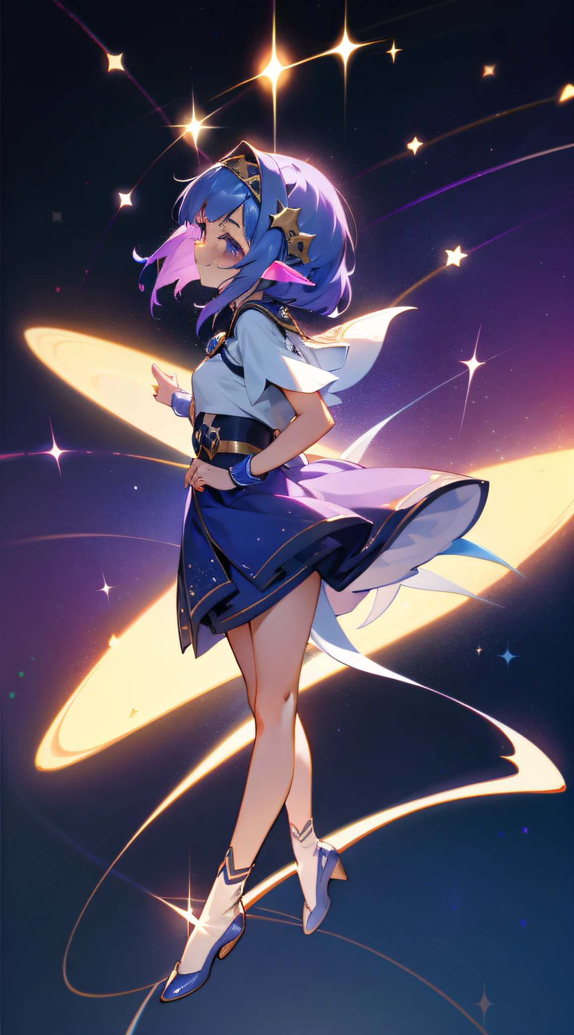1 Girl, Magic, Universe, Magical Girl, Constellation Elf, Milky Way, Shooting Star, Starry Dot, Double Tail, Medium Hair, Headband, Smile, Fly, Masterpiece, Best Quality, High Quality, Ultra High Quality, Dark Blue Picture, Purple Style, Full Body Photo, Top View