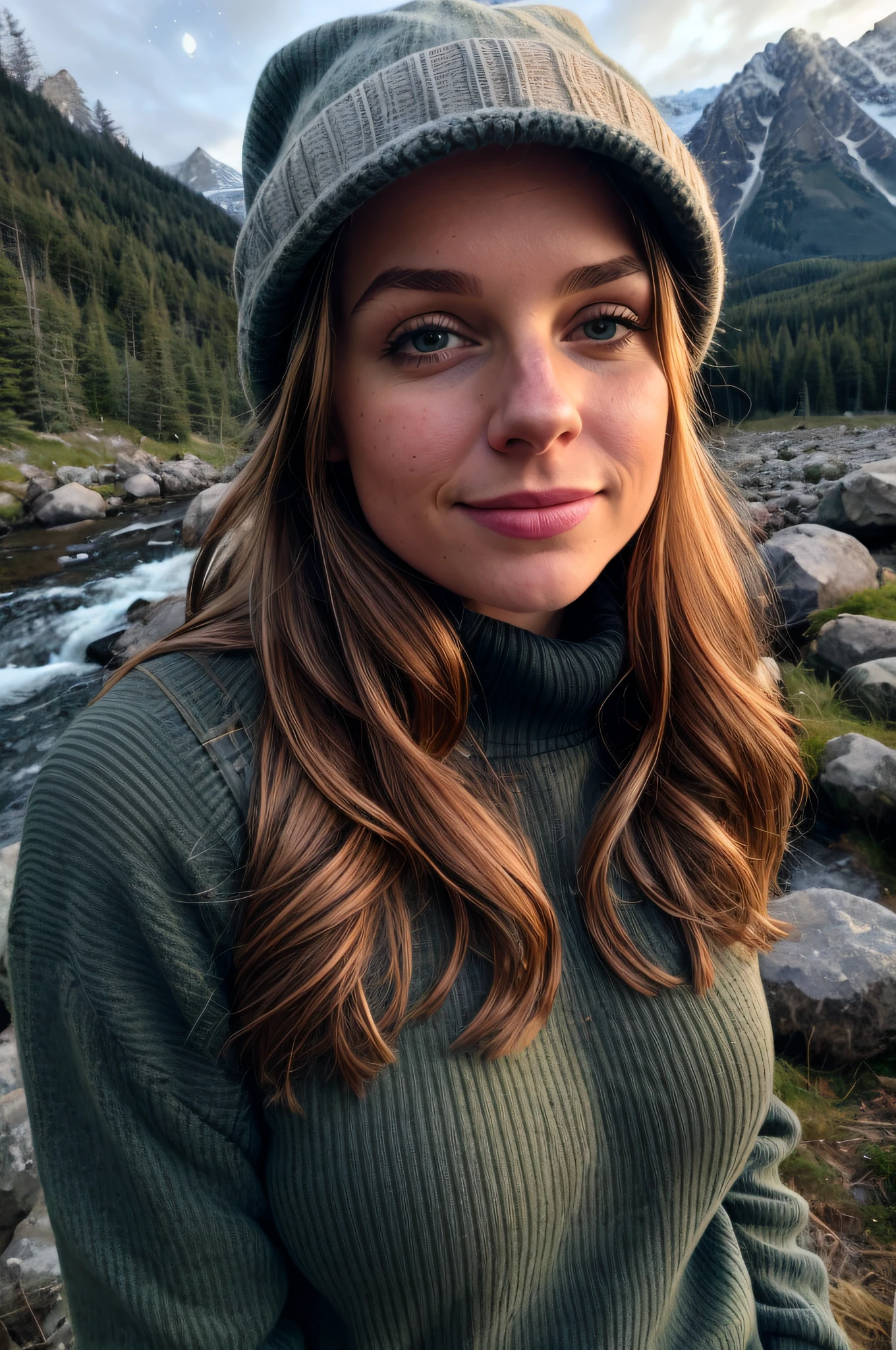 1 woman ((upper body selfie, happy)), masterpiece, best quality, ultra-detailed, solo, outdoor, (night), mountains, nature, (stars, moon) cheerful, happy, backpack, sleeping bag, camping stove, water bottle, mountain boots, gloves, sweater, hat, lantern, forest, stones, river, wood, smoke, shadows, contrast, clear sky, style, (warm hue, warm tone): 1.2),  close-up, cinematic light, side lighting, ultra high resolution, best shadow, RAW, upper body, wearing pullover