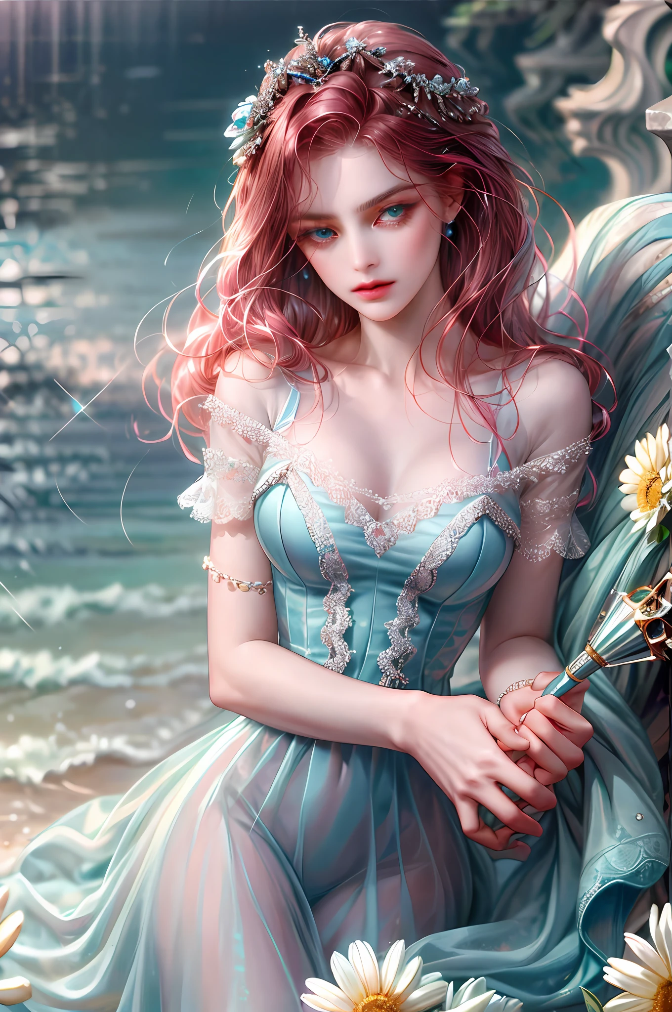 ( High quality , ultra detailed, careful with hand )Zodiac - Cancer goddess , similar to latin goodness , Intelligent, crafty, rational, strong-willed face , Tenacious, moody, irritable, oppressive style , ocean blue eyes(eyes detail), dark pink hair , transparent dress , in the ocean with flowers , whole body , innocent make up look ,