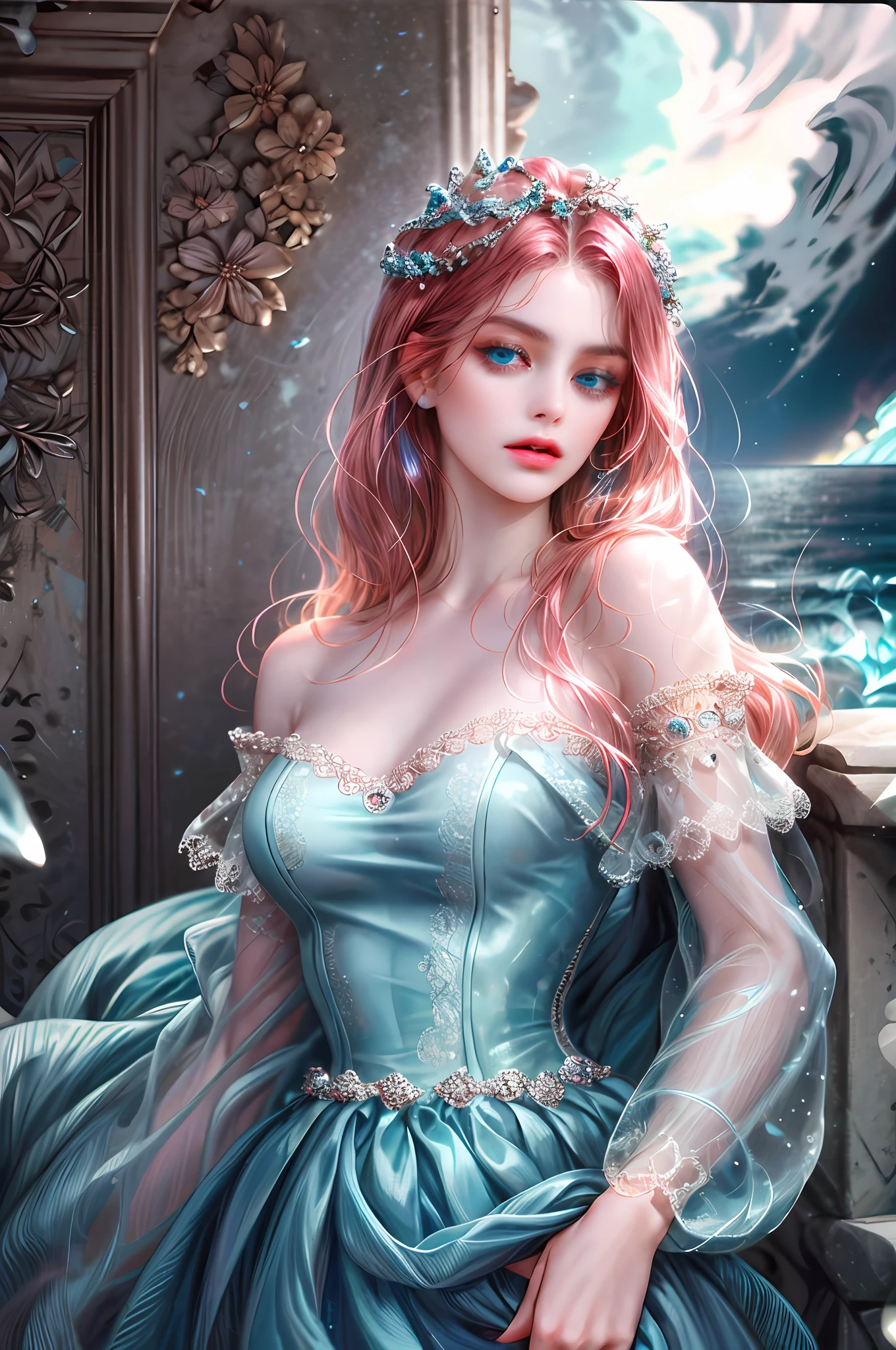 ( High quality , ultra detailed, careful with hand )Zodiac - Cancer goddess , similar to latin goodness , Intelligent, crafty, rational, strong-willed face , Tenacious, moody, irritable, oppressive style ,  ocean blue eyes(eyes detail), dark pink hair , transparent dress , in the ocean with flowers  , whole body , innocent make up look ,