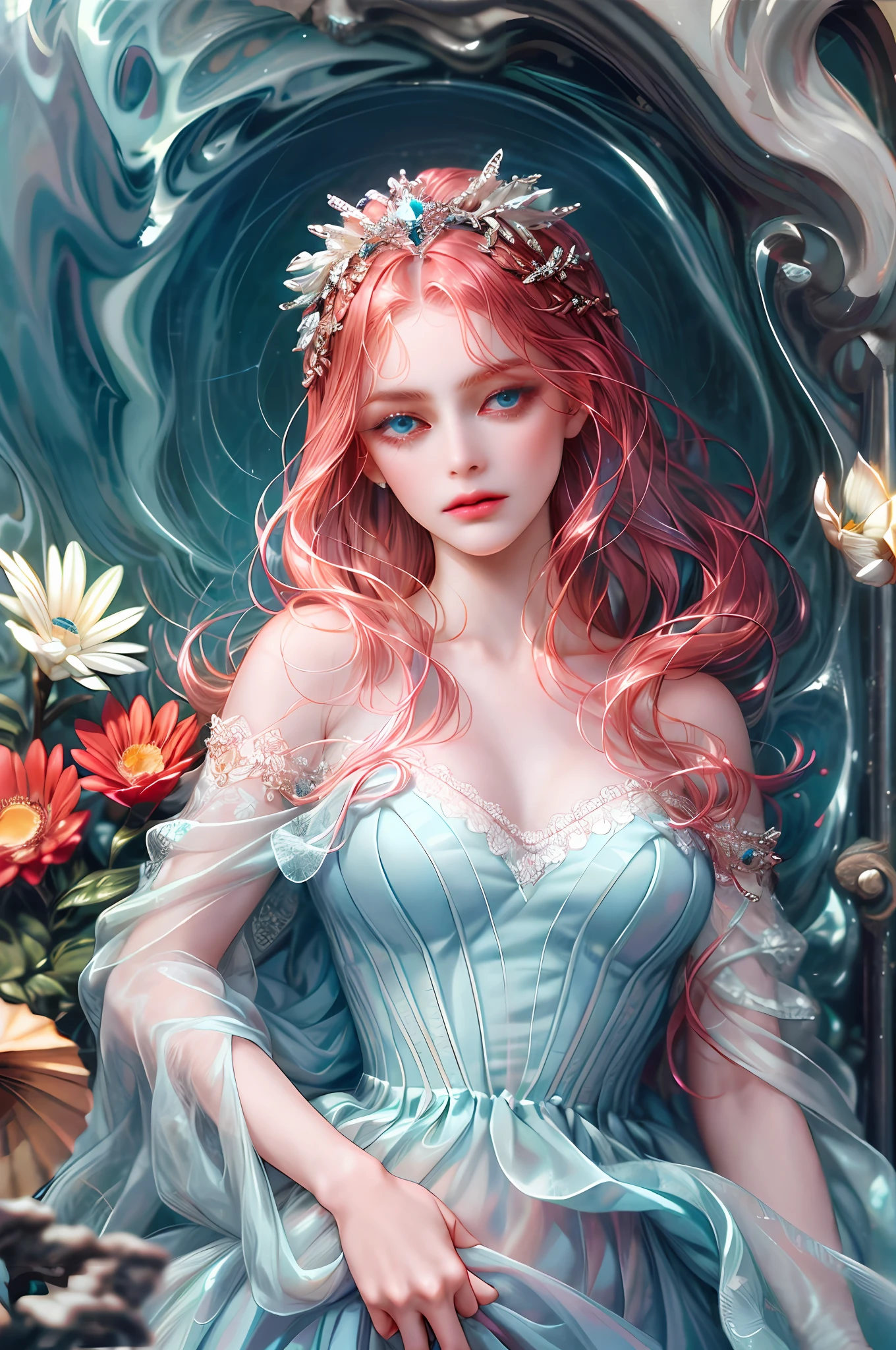 ( High quality , ultra detailed, careful with hand )Zodiac - Cancer goddess , similar to latin goodness , Intelligent, crafty, rational, strong-willed face , Tenacious, moody, irritable, oppressive style , ocean blue eyes(eyes detail), dark pink hair , transparent dress , in the ocean with flowers , whole body , innocent make up look ,