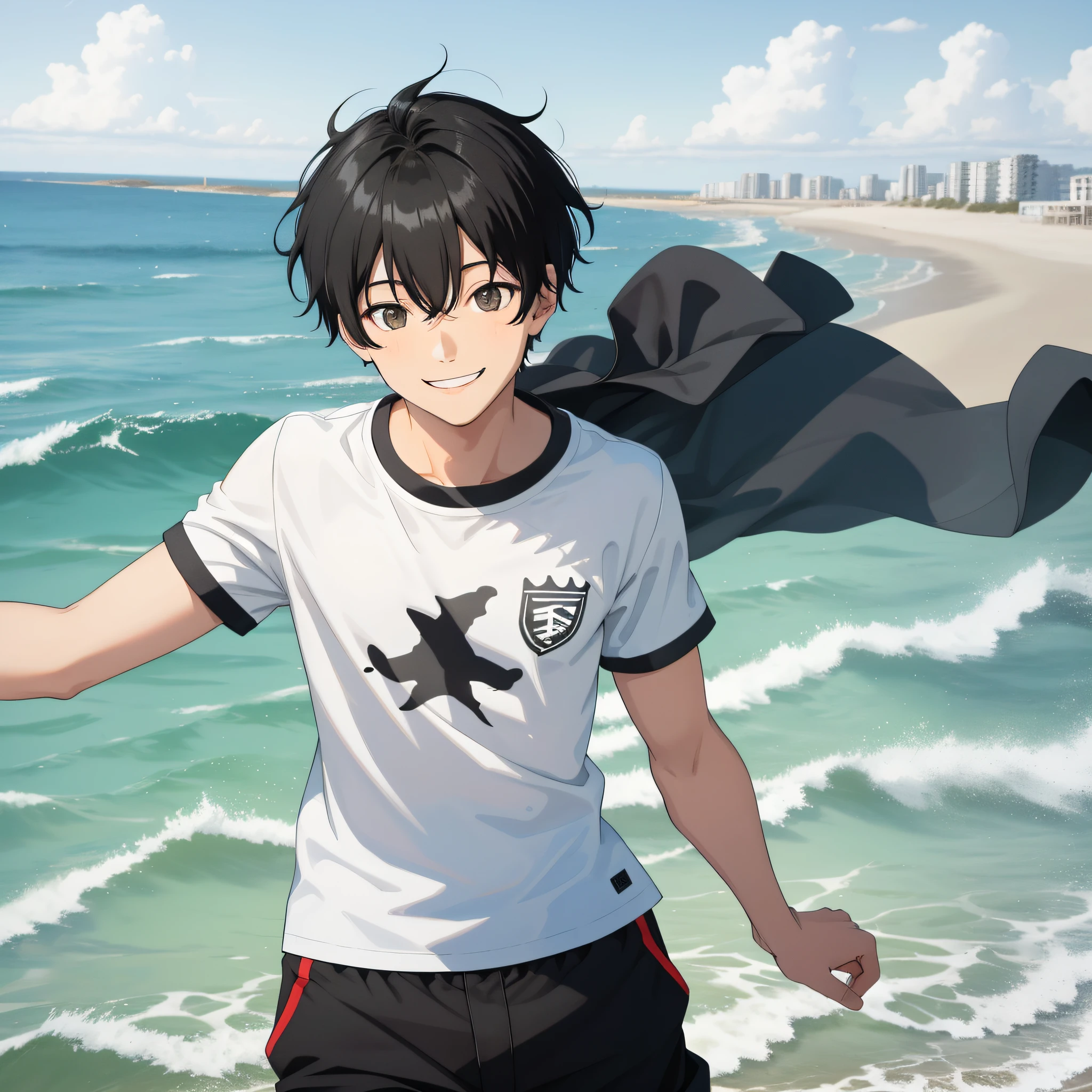 1 boy, black hair, black eyes, smile white short sleeves, seaside