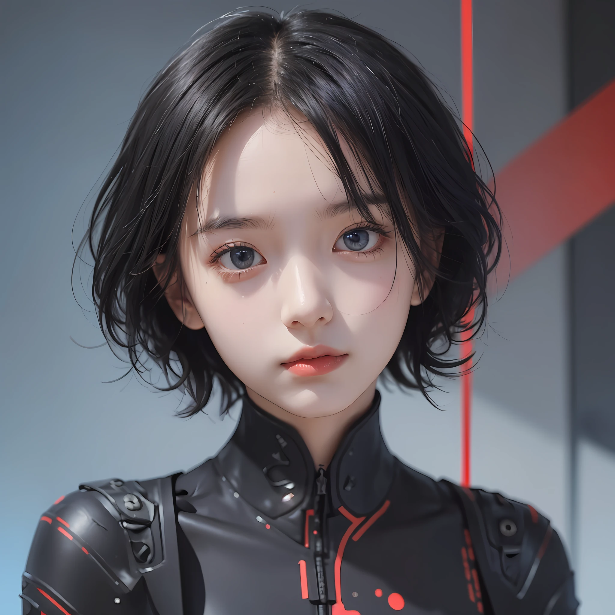 Black short hair android girl, a red mark runs down from her forehead passing through her eyes, her eyes are colored blue, portrait, bust --auto --s2