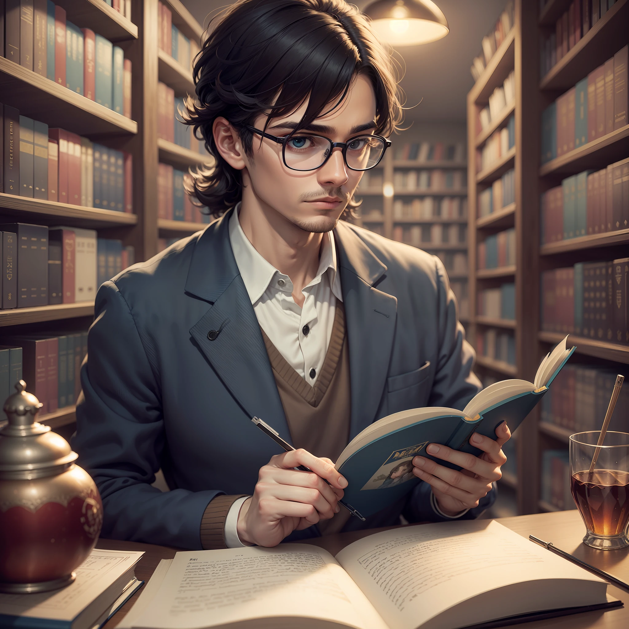 Poet, reading book, library, look focused on the book, glasses, night scene, todeado by books --auto --s2