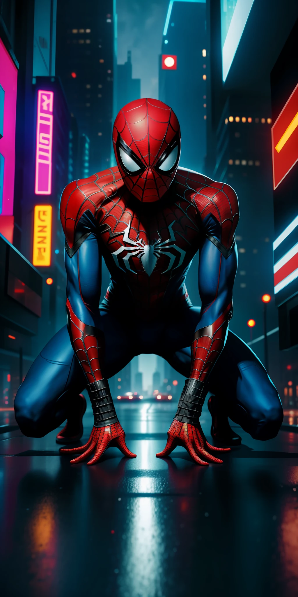 Spiderman with his hand on the ground, on his knees and looking forward, cyberpunk city background, vivid colors, 8k quality, cinematic focus, lighting