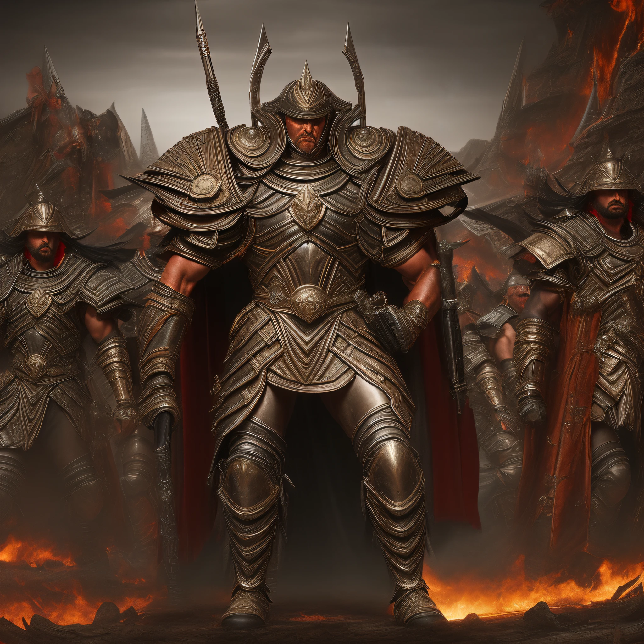 can see a full-body frontal view a king and his futuristic praetorian guards, wheapons, full armored, 4 character,  His body exudes strength and muscle definition, dressed in black war robes, aura of power. dark fantasy, background of a battle in a village with banners and spoils, detailed, sharp focus, dramatic, ArtStation. cinematic