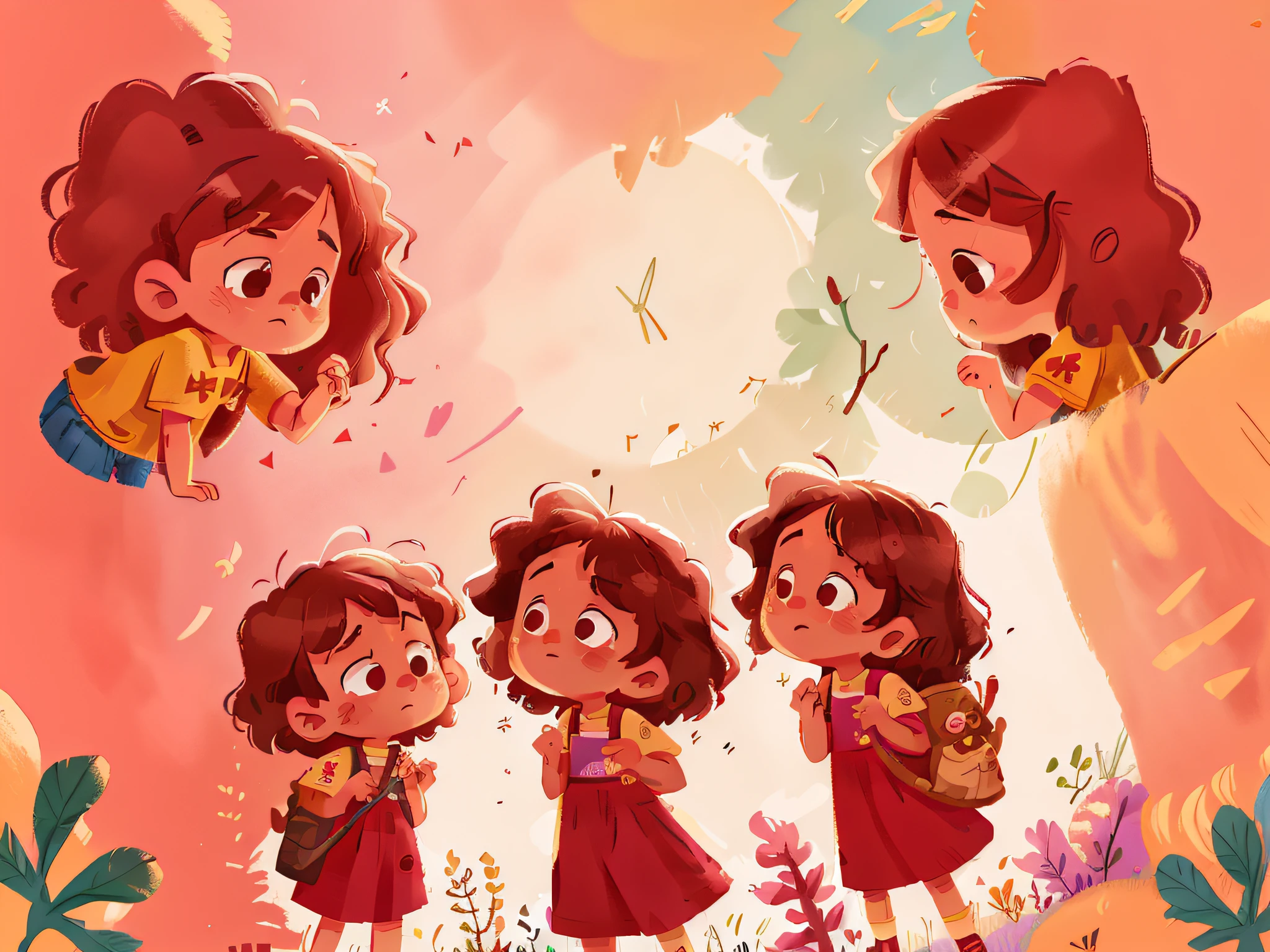 Two twin girls with curly brown hair, Livia and Lavinia help two sad children.