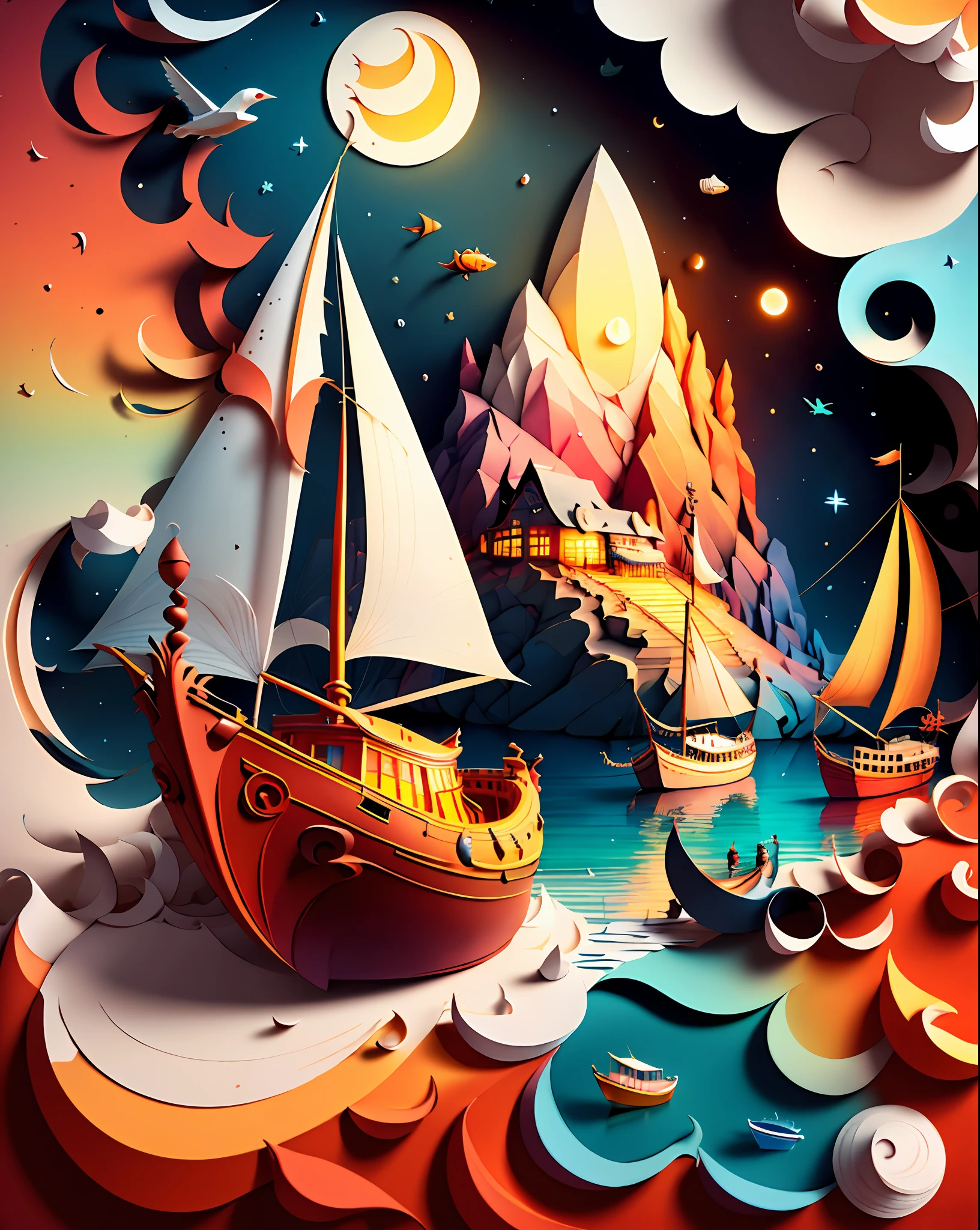 Softlight,(warm color:1.2),Water color painting,light background,best quality exquisite details,3d rendering,Octane render,pastel, Moon, boat, sea, storm,(paper_cut:1.15),