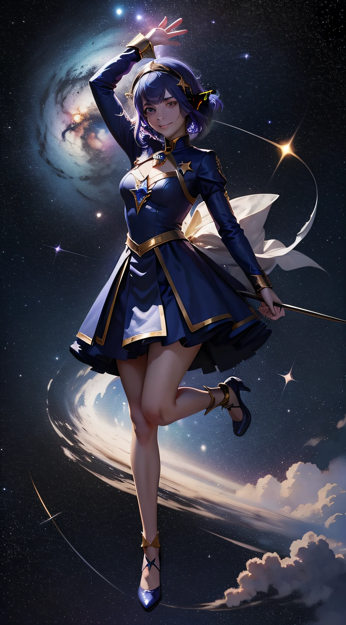 1 Girl, Magic, Universe, Magical Girl, Constellation Elf, Milky Way, Shooting Star, Starry Dot, Double Tail, Medium Hair, Headband, Smile, Fly, Masterpiece, Best Quality, High Quality, Ultra High Quality, Dark Blue Picture, Purple Style, Full Body Photo, Top View