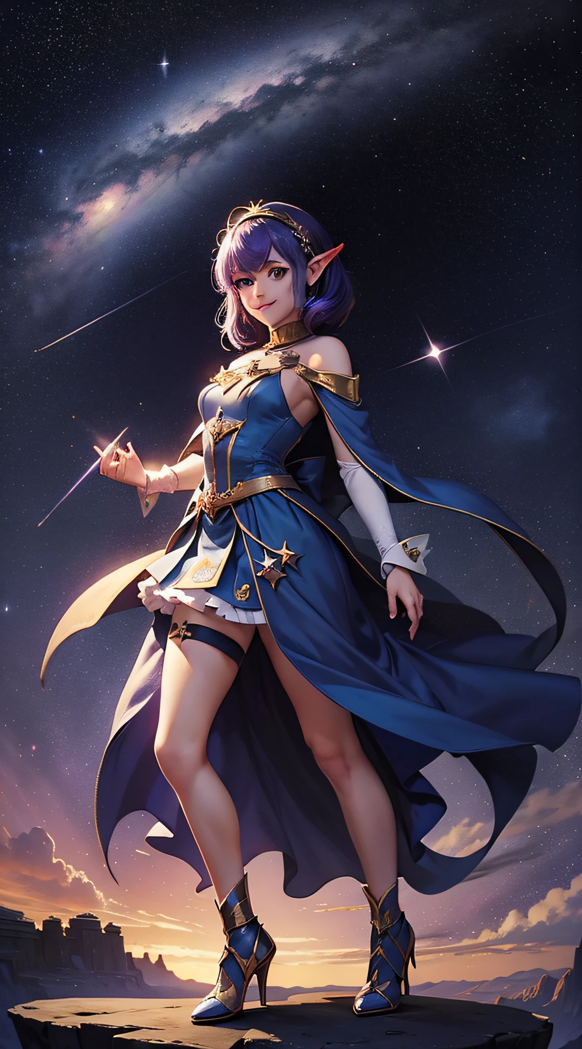 1 Girl, Magic, Universe, Magical Girl, Constellation Elf, Milky Way, Shooting Star, Starry Dot, Double Tail, Medium Hair, Headband, Smile, Fly, Masterpiece, Best Quality, High Quality, Ultra High Quality, Dark Blue Picture, Purple Style, Full Body Photo, Top View