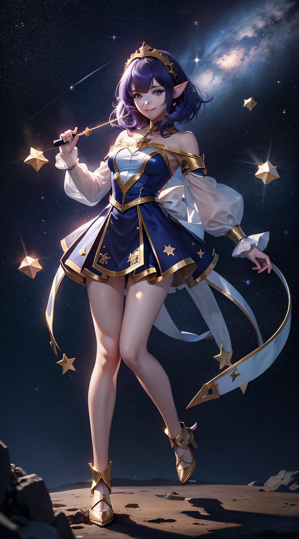 1 Girl, Magic, Universe, Magical Girl, Constellation Elf, Milky Way, Shooting Star, Starry Dot, Double Tail, Medium Hair, Headband, Smile, Fly, Masterpiece, Best Quality, High Quality, Ultra High Quality, Dark Blue Picture, Purple Style, Full Body Photo, Top View