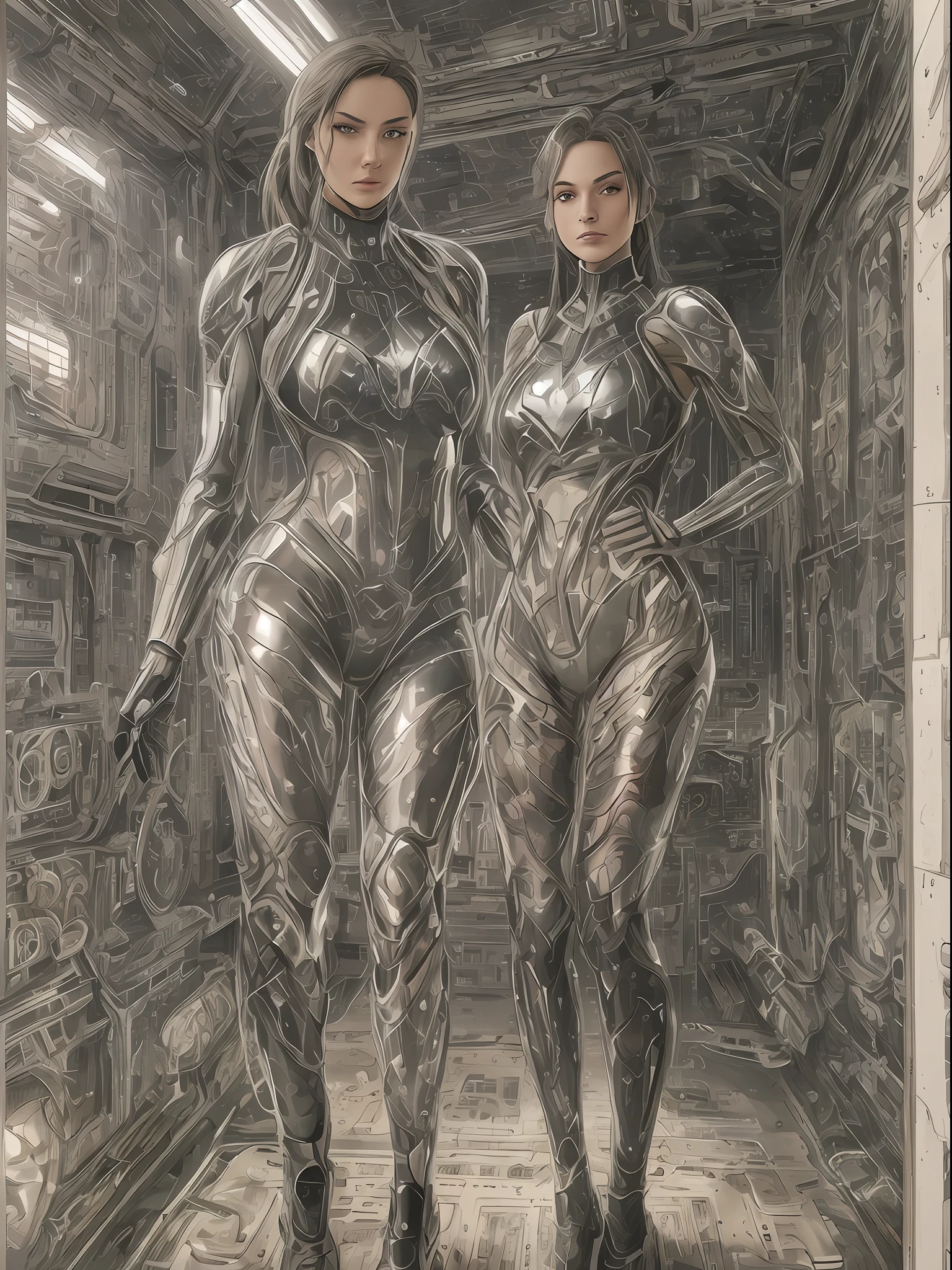Simulation style, 2 aliens, beautiful sexy female and another super strong male (wearing transparent sci-fi tights with alien material slim fit), perfect face, perfect eyes, on the sci-fi Chinese space station, by Greg Rutkovsky, Victoria Gavry. Lenko, Howard Lyon and Frank Frazetta starring --s3 --auto