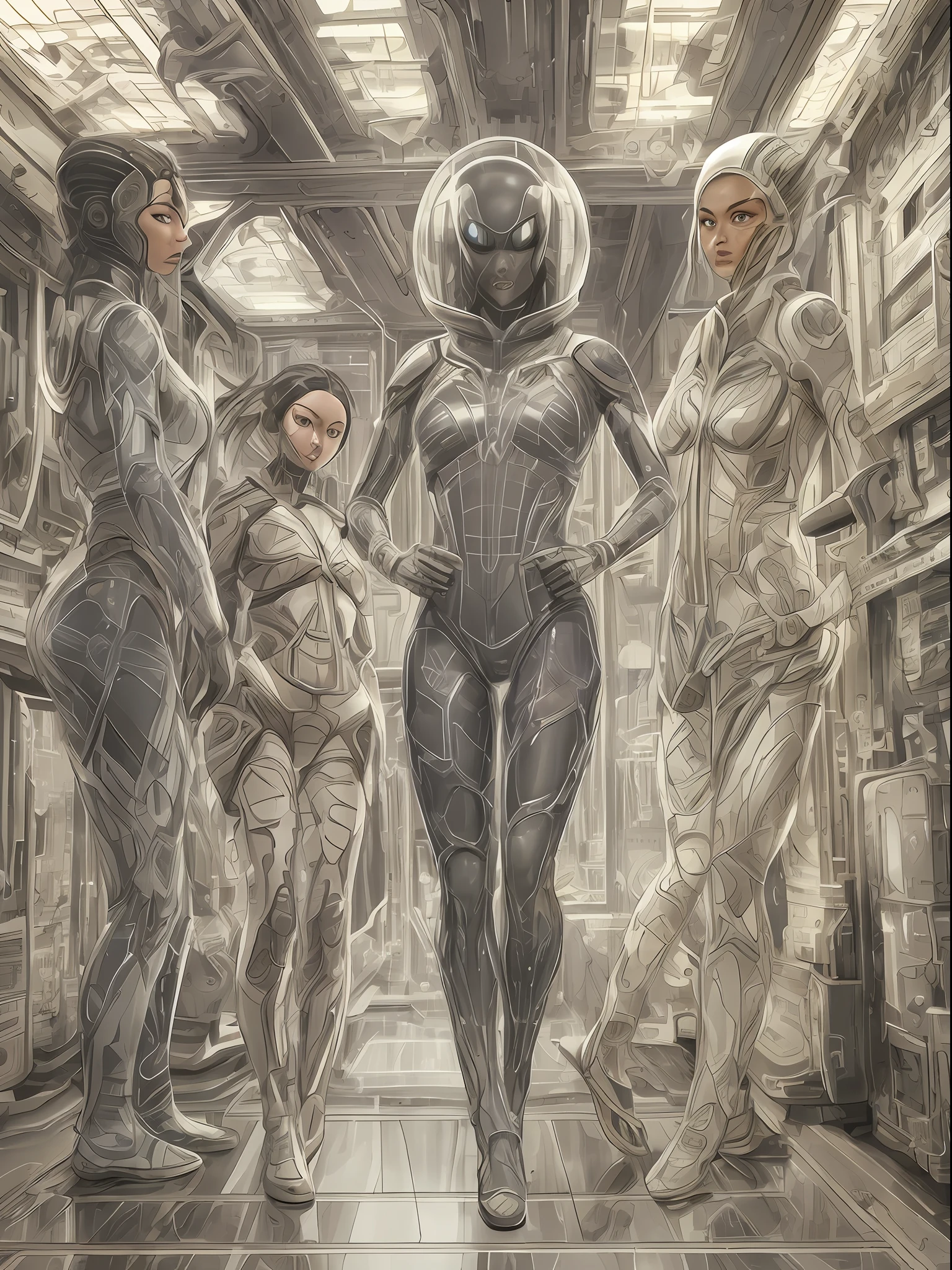Simulation style, 2 aliens, beautiful sexy female and another super strong male (wearing transparent sci-fi tights with alien material slim fit), perfect face, perfect eyes, on the sci-fi Chinese space station, by Greg Rutkovsky, Victoria Gavry. Lenko, Howard Lyon and Frank Frazetta starring --s3 --auto