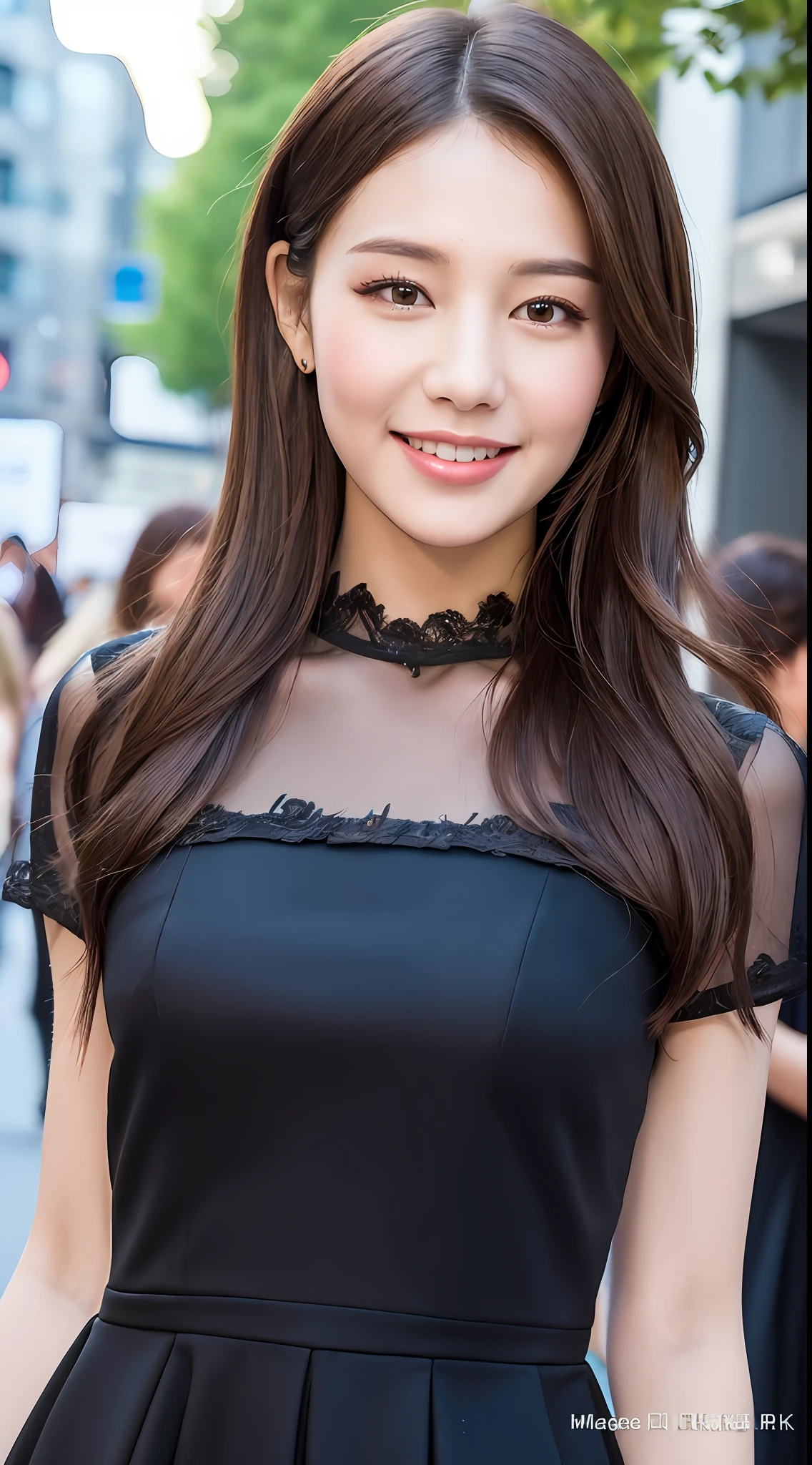 ((Best quality, 8k, Masterpiece :1.3)), 1girl, smiling, full body, slim face, Pretty woman, (Dark brown hair), full length dress :1.1, Ultra-detailed face, Detailed eyes, Double eyelid,  blur background, slim face, city, outside, street,