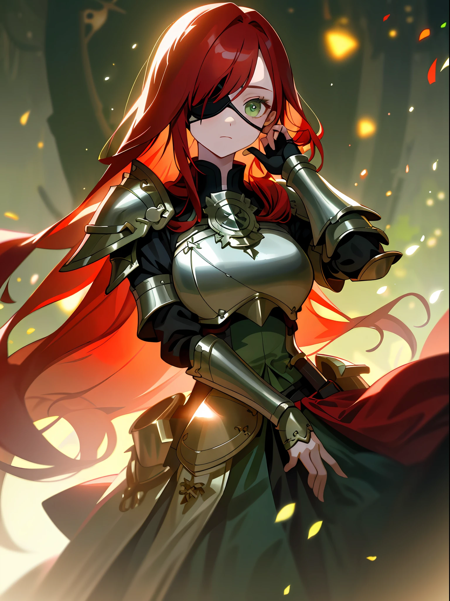 ((Best quality)), ((masterpiece)), red hair girl, long straight hair, (eyepatch), light green eyes, wearing dark armor, looking at the viewer, Bokeh, half-body shot, fantasy village background,