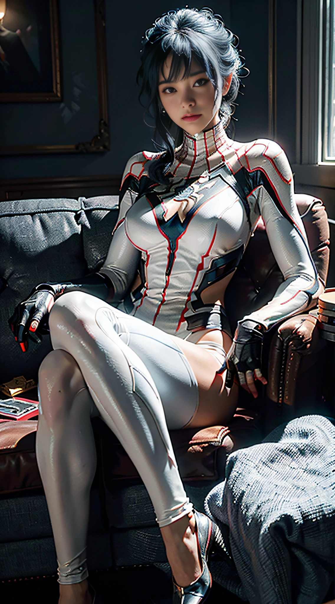 (Extreme Detail CG Unity 8K wallpaper, masterpiece, highest quality), (exquisite lighting and shadow, highly dramatic picture, cinematic lens effect), a girl in a white Spider-Man costume, delicate face, big breasts, gray-blue hair color, from the Spider-Man parallel universe, Wenger, Marvel, Spider-Man, sitting on the sofa, dynamic pose), (excellent detail, outstanding lighting, wide angle), (excellent rendering is enough to stand out in its class), the focus is on the white Spider-Man costume, Complex spider textures
