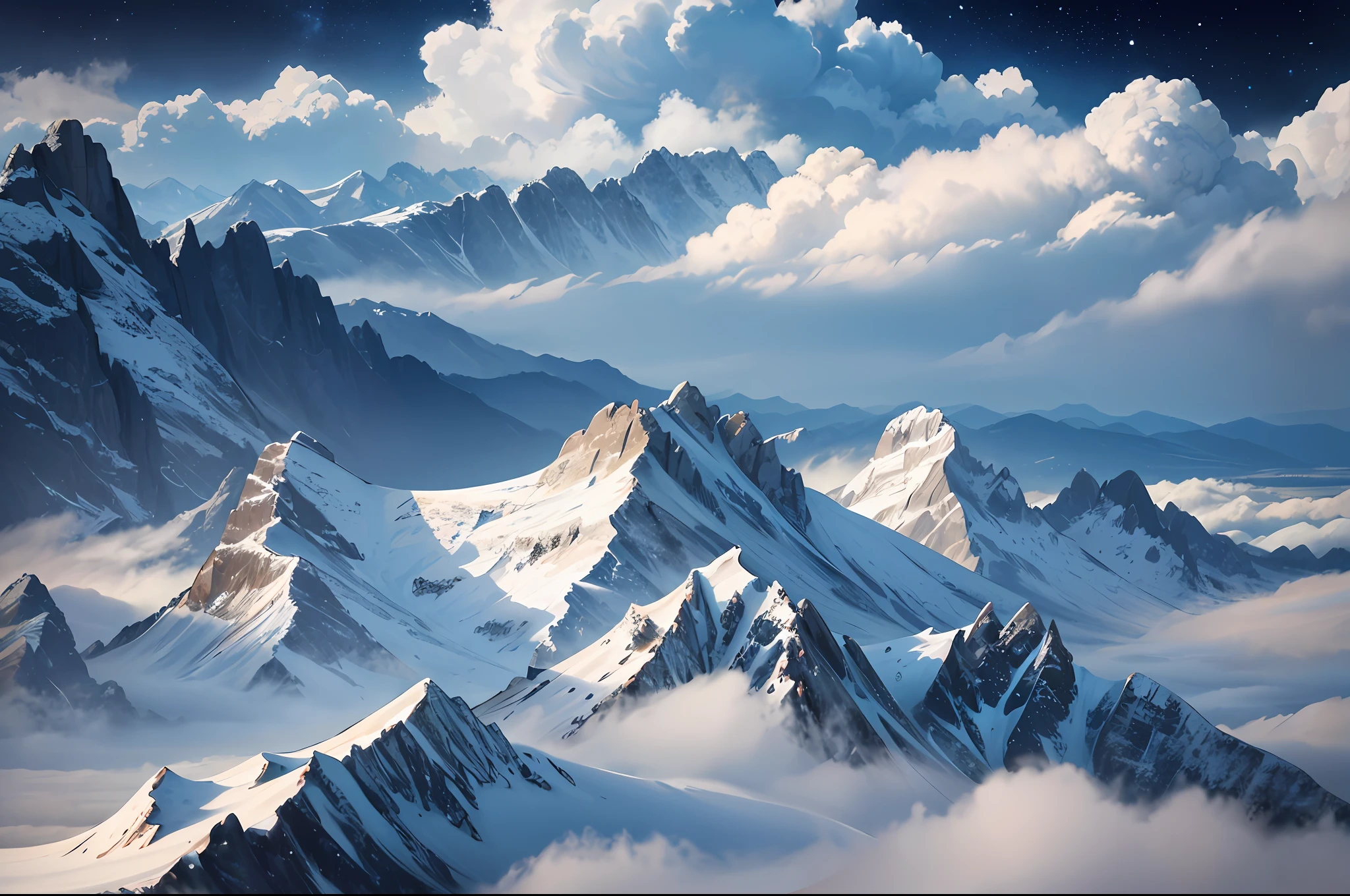 (Masterpiece, Top Quality, Best Quality, Official Art, Beauty and Aesthetics: 1.2), 1 Male, Extremely Detailed Eyes, (Fractal Art: 1.3), Colorful, Most Detailed, (Perfect Face), Shiny Skin, HDR, Galaxy River, (Light Lines), Striking Visual Effects, (Dynamic Stripes, Glow Track: 1.2), Dark Colors, (Clouds), Sea of Clouds on the background, Mountain Peaks