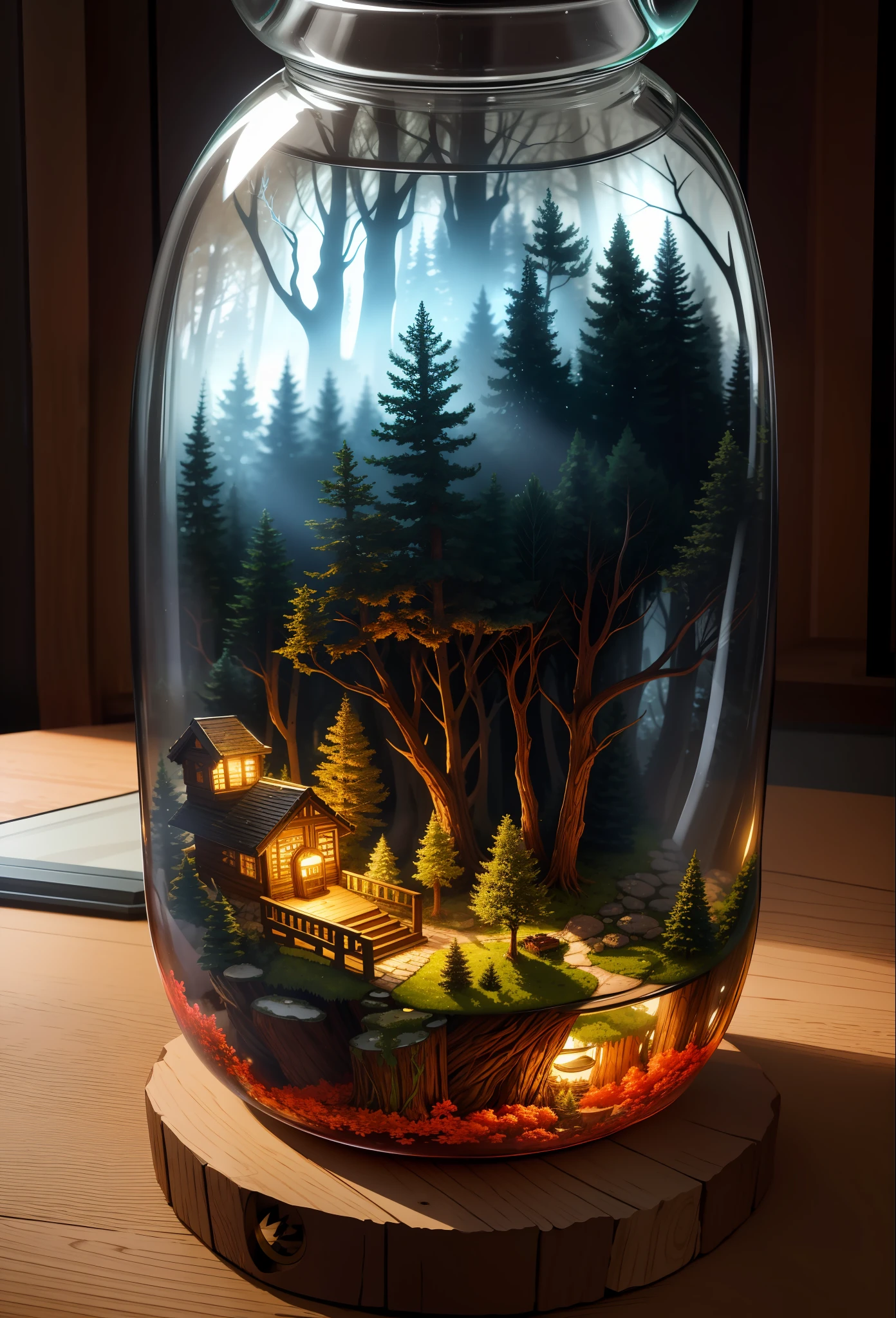 (An intricate forest minitown landscape trapped in a bottle), atmospheric oliva lighting, on the table, 4k UHD, dark vibes, hyper detailed, vibrant colours, epic composition, octane render, sharp focus, high resolution isometric