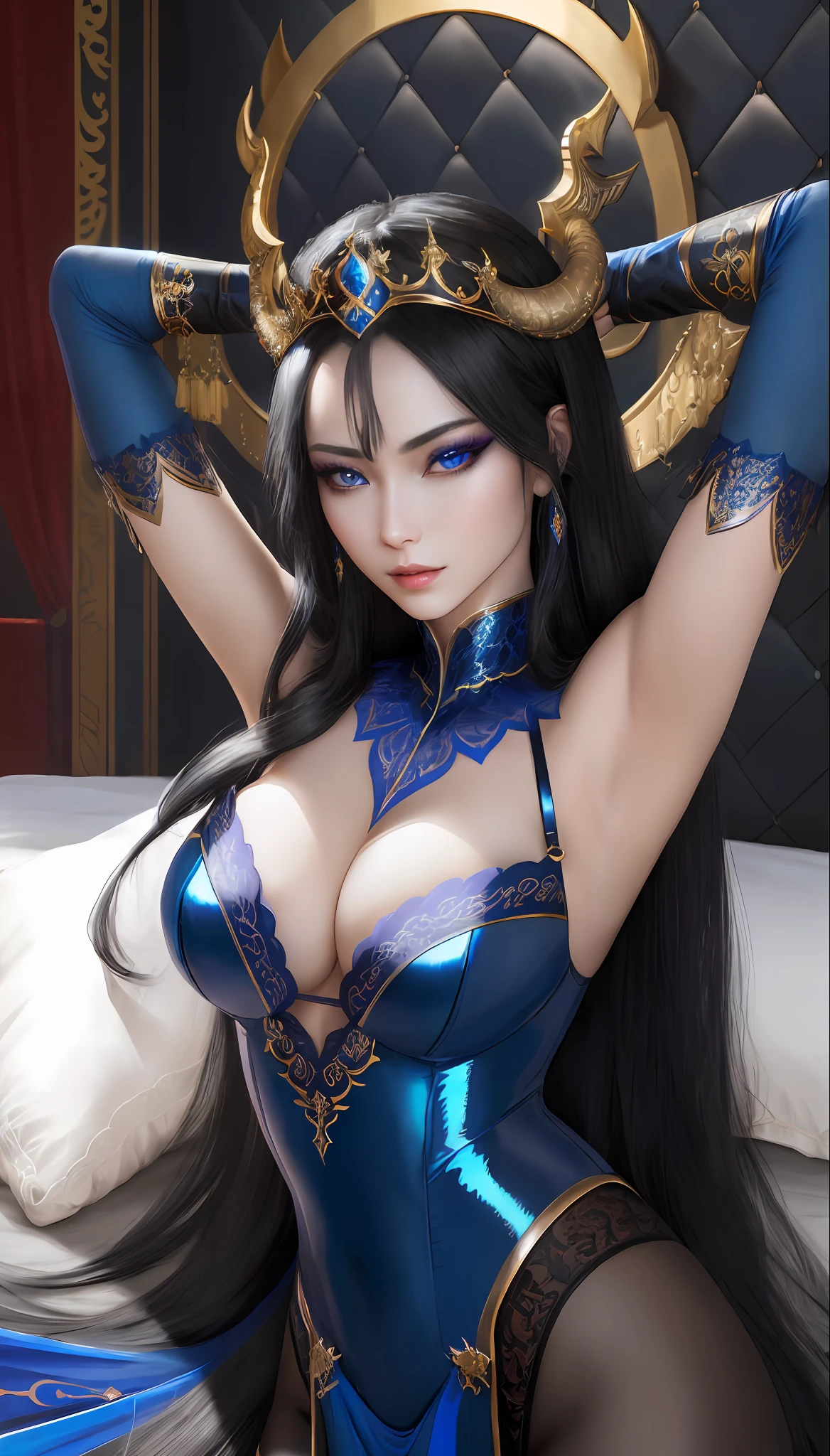The Dragon Empress (1 woman, long black hair, blue eyes, white skin, medium breasts, makeup, lots of shine, dark eyelashes, dark shadow, perfect nose), Korea, masterpiece, best quality, 8k, sharp focus, chromatic aberration, best shadows, perfect lights, HDR, realistic skin texture, hyper detailed background, photorealistic, RAW photo, bright body, insanely detailed, sexy lewd, ecchi: 1.5, royal tiara,  long fingerless gloves, arms up, armpit, royal dungeon, Lingerie Set Lace Belt White, , in a bed, blue sheets, dragon tail, dragon symmetrical wings, hands behind the head