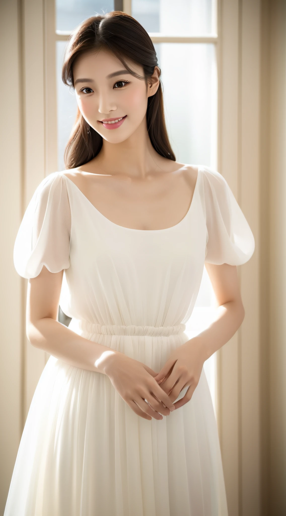 (A Korean Woman), (A Woman), Portrait Mode, Large Depth of Field, 45 Degree View, Royal Sister, Gentle, ((Best Quality, 8K, Masterpiece: 1.3)), Focus: 1.2, Standing Sideways, (Chest Close-up: 1.3), ((Delicate Long Hair)), Highly detailed face and skin texture, Detailed eyes, Double eyelids, Long eyelashes, (Snow white skin), Whitening skin, Smile, 20 years old, soft chiffon transparent dress, long skirt, Mercury dress, elegant dress, Wearing elegant dresses, flowing dresses, dresses, soft elegance, beautiful dresses, wearing long skirts, elegant elegance, beautiful soft dresses, chiffon