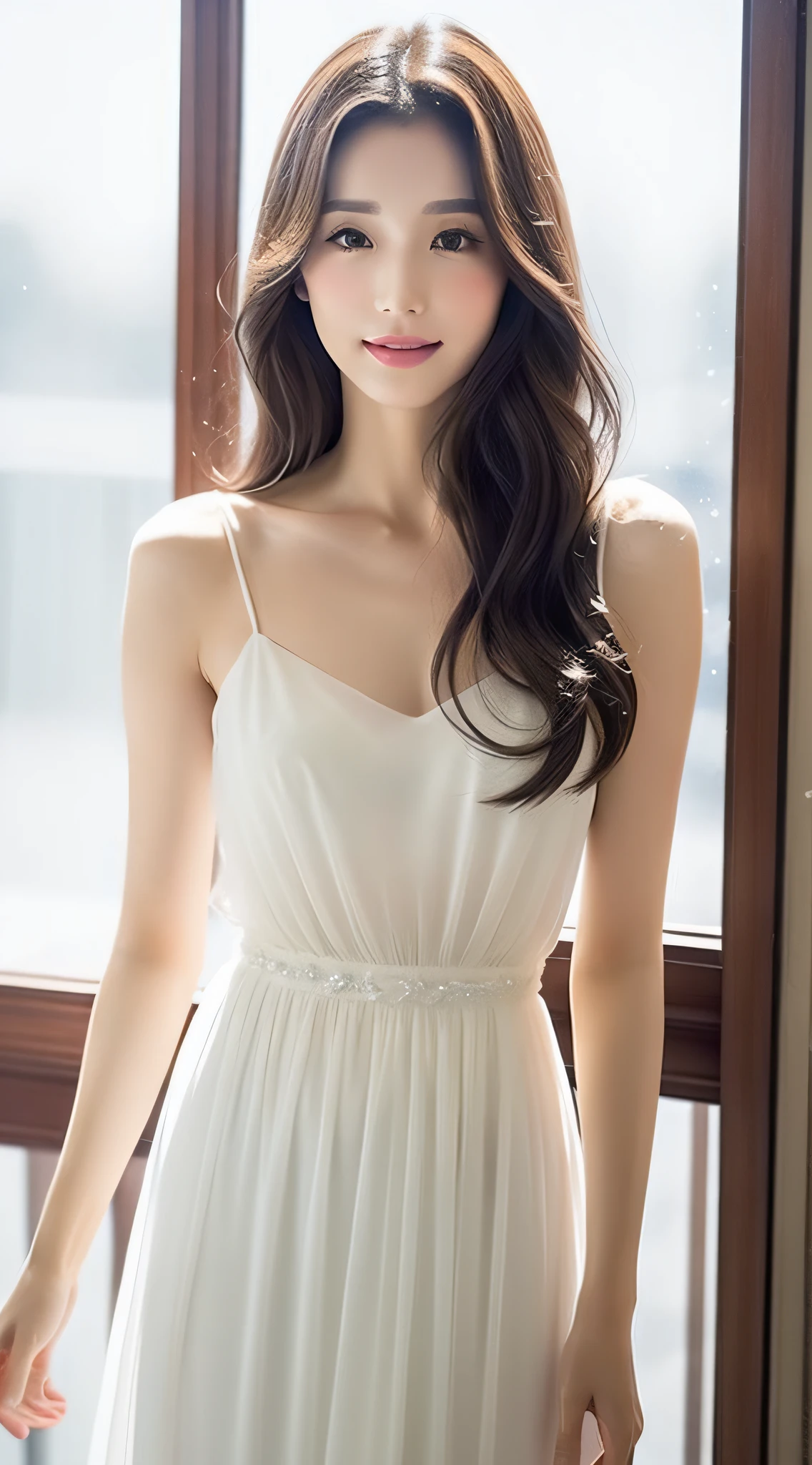 (A Korean Woman), (A Woman), Portrait Mode, Large Depth of Field, 45 Degree View, Royal Sister, Gentle, ((Best Quality, 8K, Masterpiece: 1.3)), Focus: 1.2, Standing Sideways, (Chest Close-up: 1.3), ((Delicate Long Hair)), Highly detailed face and skin texture, Detailed eyes, Double eyelids, Long eyelashes, (Snow white skin), Whitening skin, Smile, 20 years old, soft chiffon transparent dress, long skirt, Mercury dress, elegant dress, Wearing elegant dresses, flowing dresses, dresses, soft elegance, beautiful dresses, wearing long skirts, elegant elegance, beautiful soft dresses, chiffon