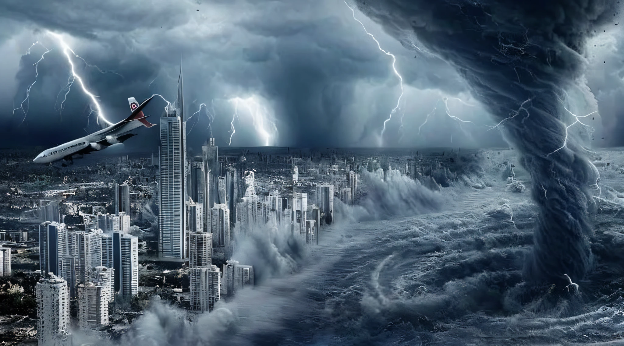a large tornado is coming out of a city with a plane flying over it, apocalyptic tumultuous sea, apocalypse hurricane storm, storm of all storms, end of world, shockwaves are coming out, end of the world, apocalyptic event, dramatic action atmosphere, apocalypse storm, disaster movie poster, extreme weather, storm background, apocalyptic future city, hell storm, sea storm