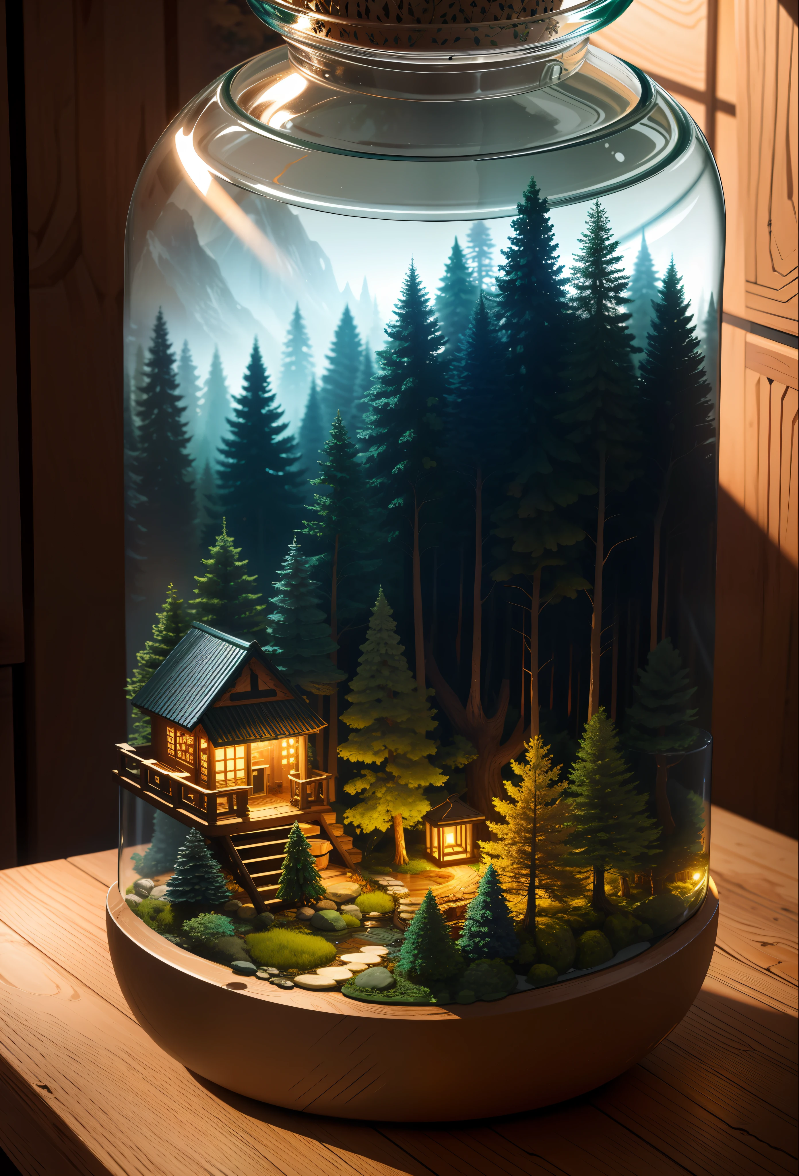 (An intricate forest minitown landscape trapped in a bottle), atmospheric oliva lighting, on the table, 4k UHD, dark vibes, hyper detailed, vibrant colours, epic composition, octane render, sharp focus, high resolution isometric