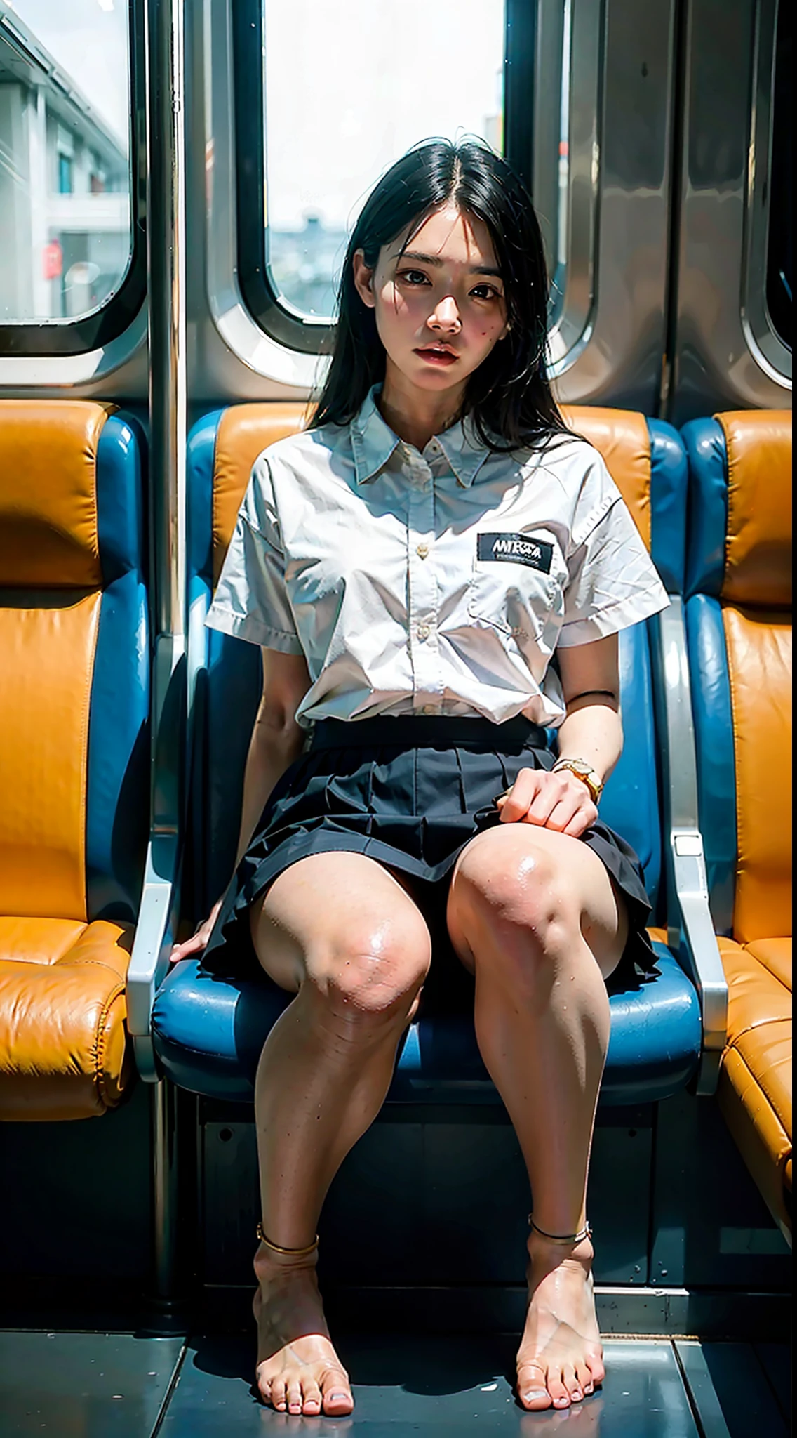 "(Masterpiece, High Definition, Ultra High Definition, 4K) Black hair,  Japan girl, uniform skirt, emphasizing thighs, white thighs, soft thighs, glossy thighs, sitting on the train, face-to-face angle, (angle from below),sitting in the train seat,Sitting in front,Zoom camera in the crotch,Feet on the train floor,Full body,Looking down and sleepy,Looking at the viewer only", best quality, ultra high definition, (photorealistic:1.4),, high resolution, detail, raw photo, sharp re, Nikon D850 film stock photo by Lee Jefferies 4 kodak portra 400 camera f1.6 lens rich colors hyper realistic lively textures dramatic lighting unreal engine artstation trends cinestir 800,