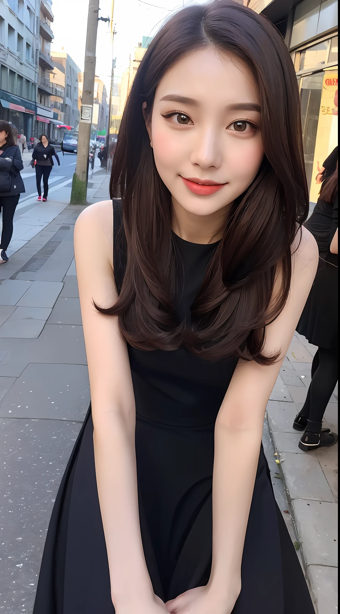 ((Best Quality, 8K, Masterpiece: 1.3)), 1 girl, smile, full body, slim face, pretty woman, (dark brown hair), full-length dress :1.1, super detailed face, detailed eyes, double eyelids, medium, blurred background, slim face, city, outside, street,