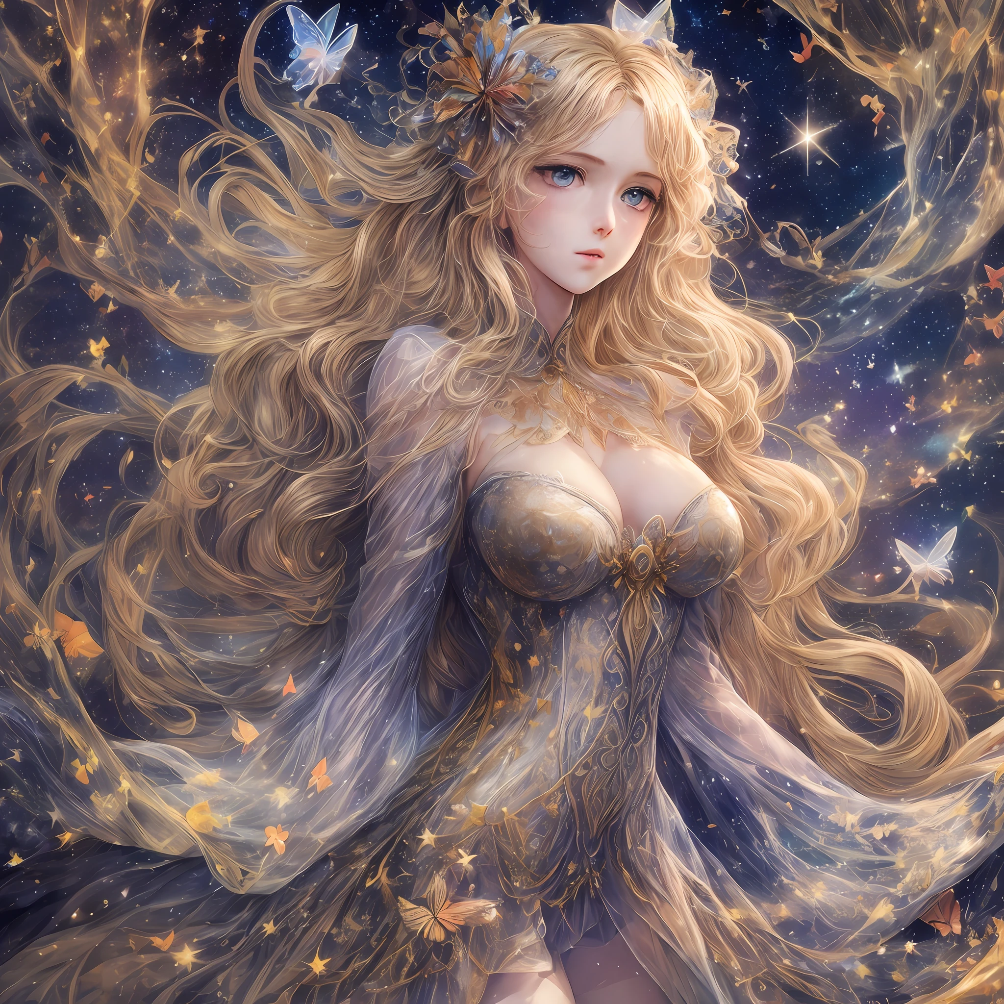 masterpiece, top quality, anime illustration, beautiful 19 year old girl, pale skin, pronounced feminine features, see-through dress with starry sky pattern, wavy blonde hair, big breasts, (starry sky background), modern wind (8K, magnificent composition, sharp focus), elaborate background, buckshot, intricate details, fine detail, backlit, (pray to the sky), butterflies in the color of stars flutter in the sky, (the whole body is visible), --auto --s2