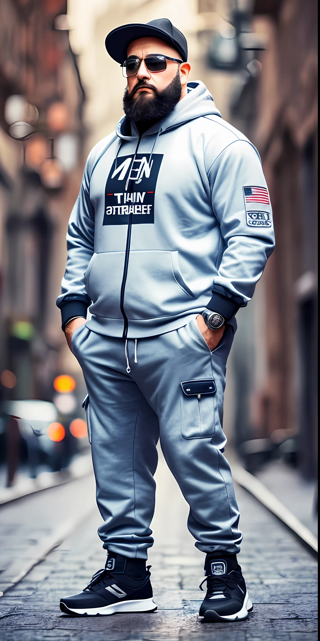 Man 90kg, a 30 years, glasses, big beard, cap, hip-hop clothing, Angry, full body, standing, night street, realism, ultra definition, 8k, ultra quality, white skin, Winter clothes