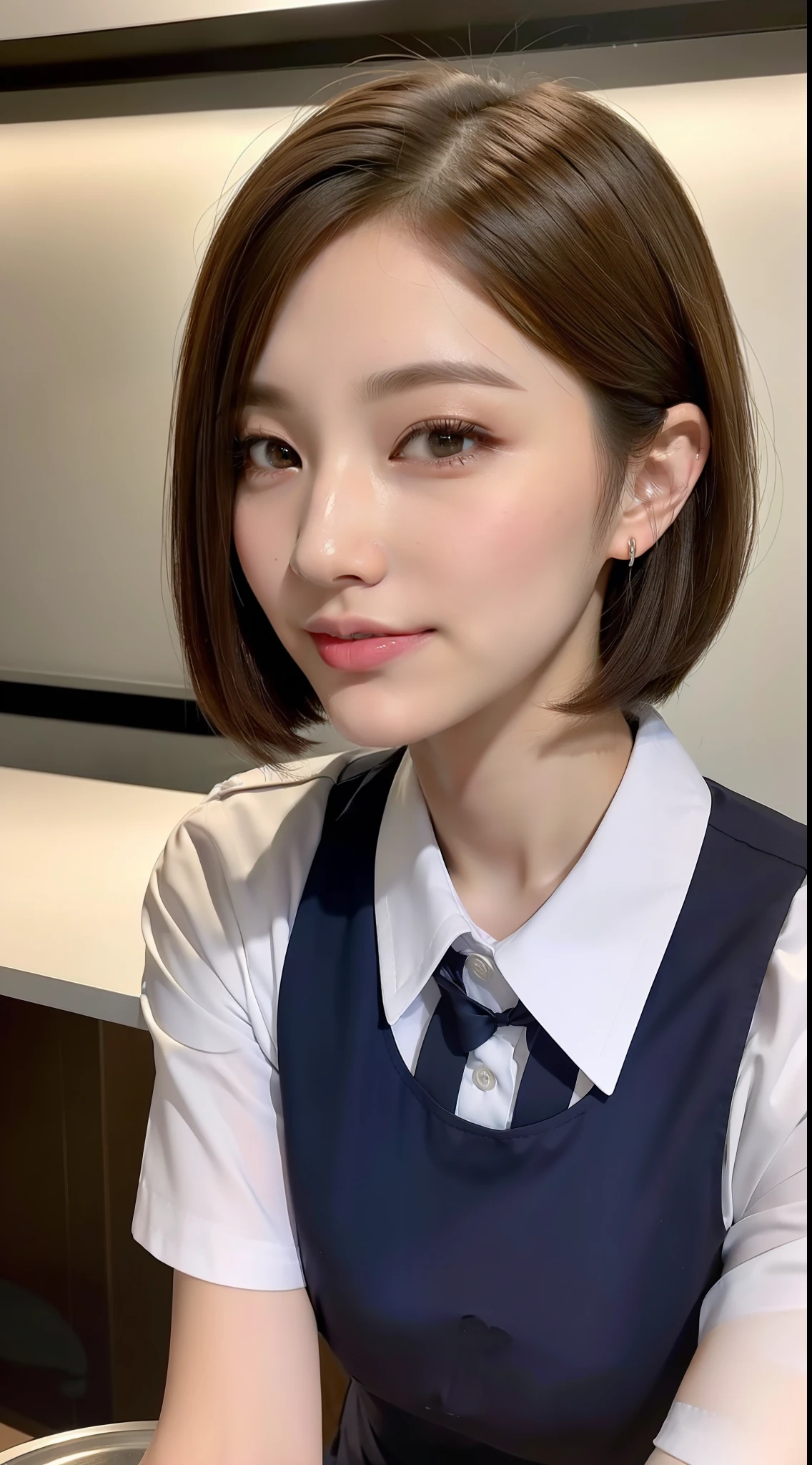 ((Top Quality, 8k, Masterpiece: 1.3)), Sharp Focus, One Girl, Slim Beauty: 1.2, Brown Hair, Short Hair, (Big: 1.5), (Layer Cut), Detailed Eyes, Double Eyelids, Cute Smile, (Close Mouth), (Cute), Soft Skin, Reflecting the whole body, Ultra Realistic, Ultra Detailed, High Quality, (Beautiful short-haired waitress who comes to the table to take orders), (( Detailed very cute waitress uniform)), (((Big hidden under the detailed uniform))), ((Big that can be seen even from the top of the uniform))