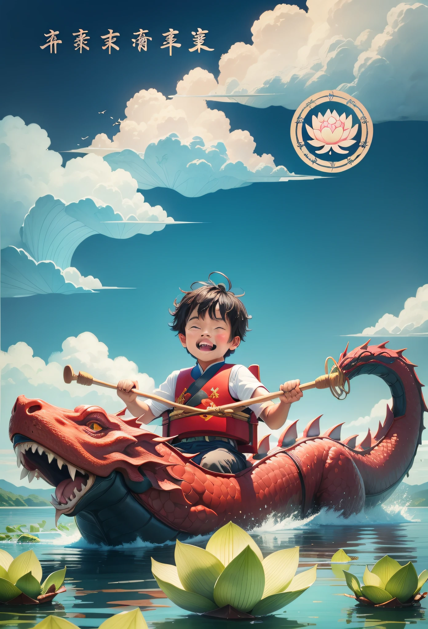 A happy boy, sitting in a dragon boat rowing, with a Chinese dragon behind him, the sky is blue, clouds are around, there are lotus leaves on the lake, high quality, super clear, take zongzi, Chinese dragon boat festival, real