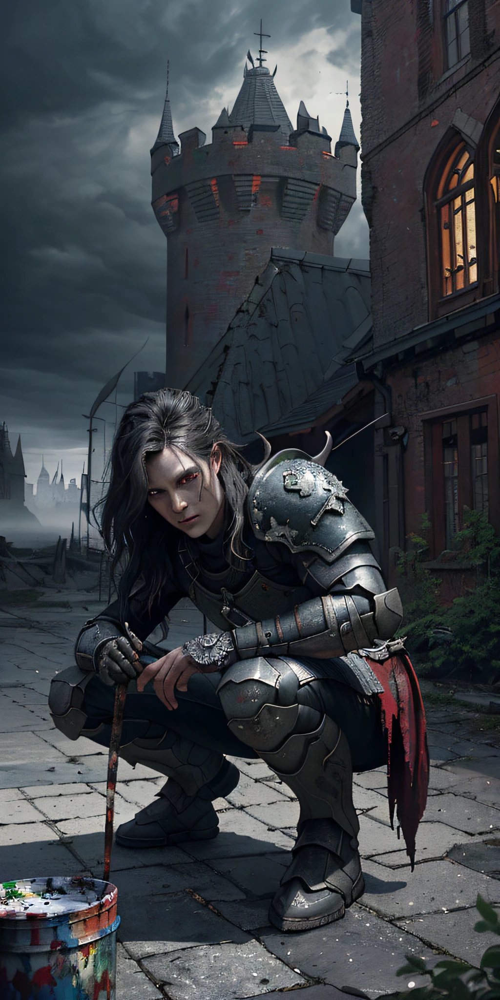 dystopian style, beautiful (Swedish: 1.3) , Full body armor made of demons (Demon armor: 1.3), 1 person, (crazy detail: 1.5), Light particles, (fog on the floor: 1.3), ((solo)), (highest quality, Alessandro Casa Grande, Greg Rutkowski, Sally Mann, Concept Art, 4k), (color), (high definition), ((detailed pupils)), red eyes, ((painting: 1.1)), (Digital painting: 1.1), Detailed face and eyes, Masterpiece, Best quality, Highly detailed photos: 1,8K, detailed faces, realistic photos, dark and gloomy, fog, thunder background, Jeremy Mann, Sandra Chevriel, Maciej Cusiala, ((female demon)), sharp, ((perfect body)), realistic, realistic shadows, 3D, ((crouching warrior)), ((Dark and gloomy castle background: 1.3)), Thunder Sky, Thunder, (Michelangelo), King Pose: 1, 1, Side View: 1, 1, Mobius