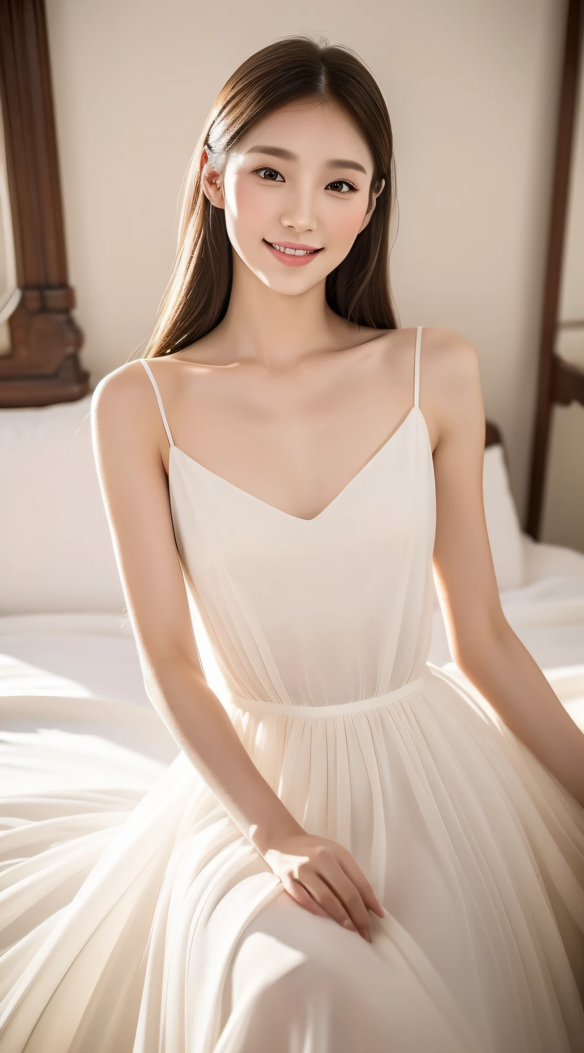 (A Korean Woman), (A Woman), Portrait Mode, God Perspective, Imperial Sister, Gentle, ((Best Quality, 8K, Masterpiece: 1.3)), Focus: 1.2, Lying in Bed, (Chest Close-up: 1.3), ((Delicate Long Hair)), Highly Detailed Facial and Skin Texture, Detailed Eyes, Double Eyelids, Long Eyelashes, (Snow White Skin), Whitened Skin, Smile, 20 Years Old, Soft Chiffon Clear Dress, Long Skirt, Mercury Dress, Elegant Dress, Wearing an Elegant Dress , flowing dress, dress, soft elegance, beautiful dress, wearing long skirt, elegant elegance, beautiful soft dress, chiffon