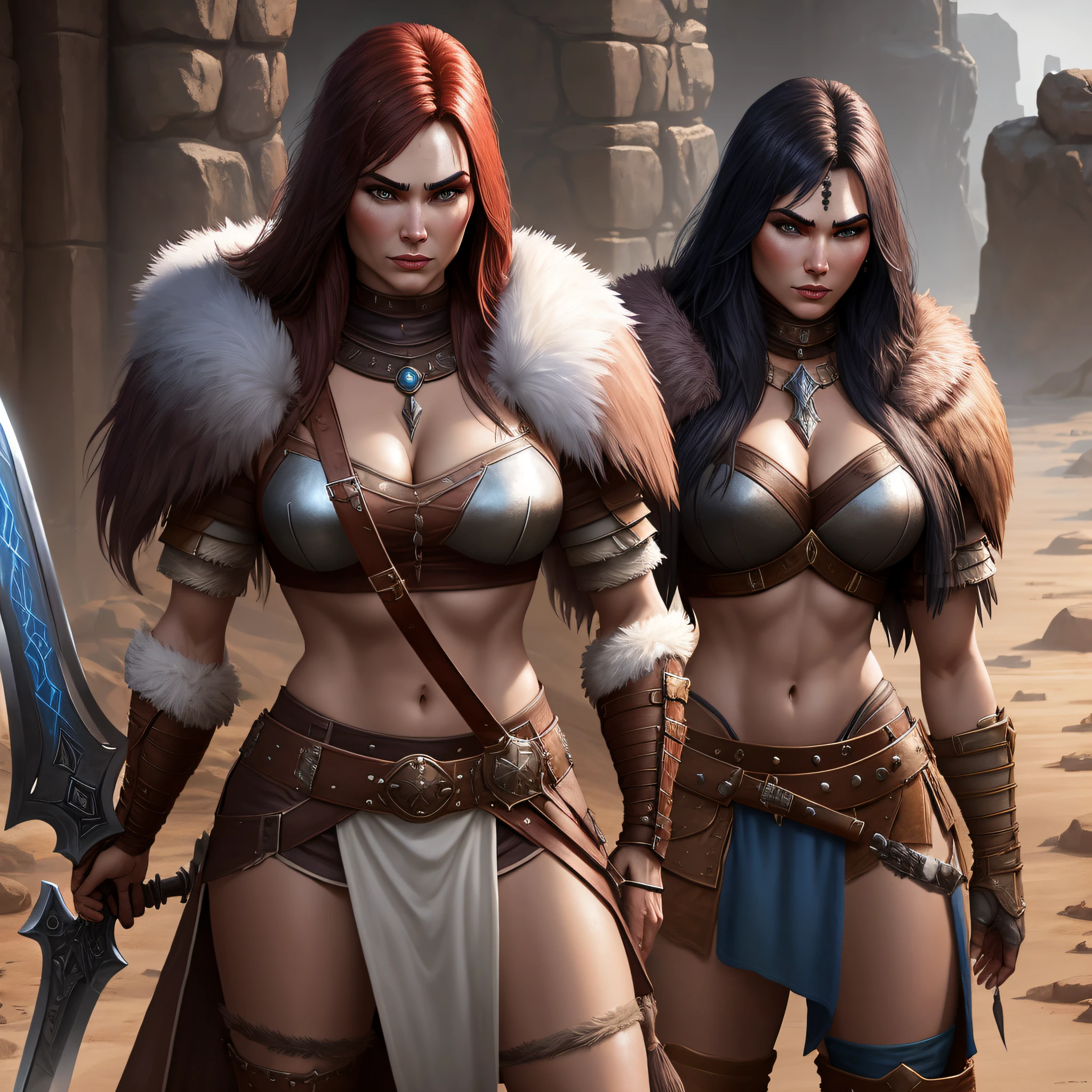 - Conan Exiles, Cimmerian woman in fur armor and shining sword