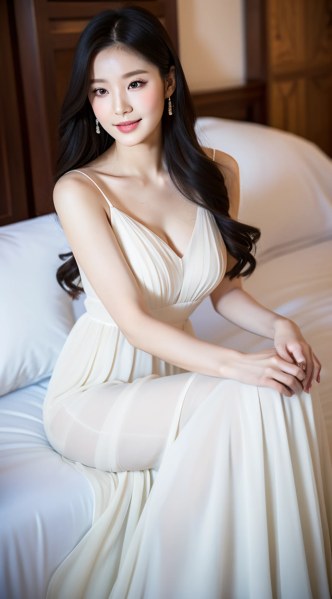 (A Korean Woman), (A Woman), Portrait Mode, God Perspective, Imperial Sister, Gentle, ((Best Quality, 8K, Masterpiece: 1.3)), Focus: 1.2, Lying in Bed, (Chest Close-up: 1.3), ((Delicate Long Hair)), Highly Detailed Facial and Skin Texture, Detailed Eyes, Double Eyelids, Long Eyelashes, (Snow White Skin), Whitened Skin, Smile, 20 Years Old, Soft Chiffon Clear Dress, Long Skirt, Mercury Dress, Elegant Dress, Wearing an Elegant Dress , flowing dress, dress, soft elegance, beautiful dress, wearing long skirt, elegant elegance, beautiful soft dress, chiffon