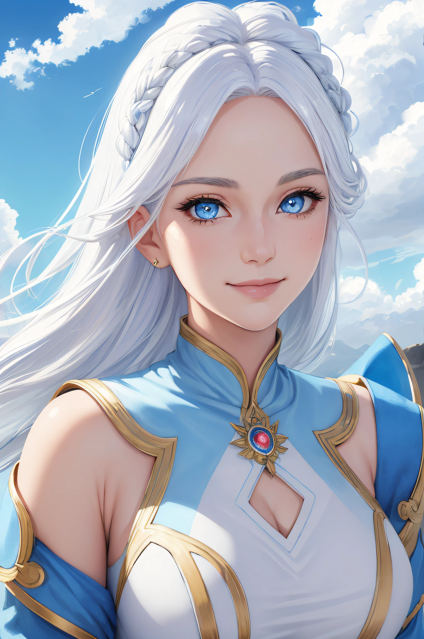 (High Quality:1.2, Masterpiece:1.2)), 1 Girl, Beautiful Face, White Hair, Blue Eyes, Dynamic Pose, (Goddess of Virtue and Purity, Fantasy), (Face Shot, Upper Body), Fantasy, (Noon, Sky Background:1.2), Majestic Clouds, Absurdity, Detailed and Complex, Best Lighting, Sharp Focus, Realistic Lighting,Smile