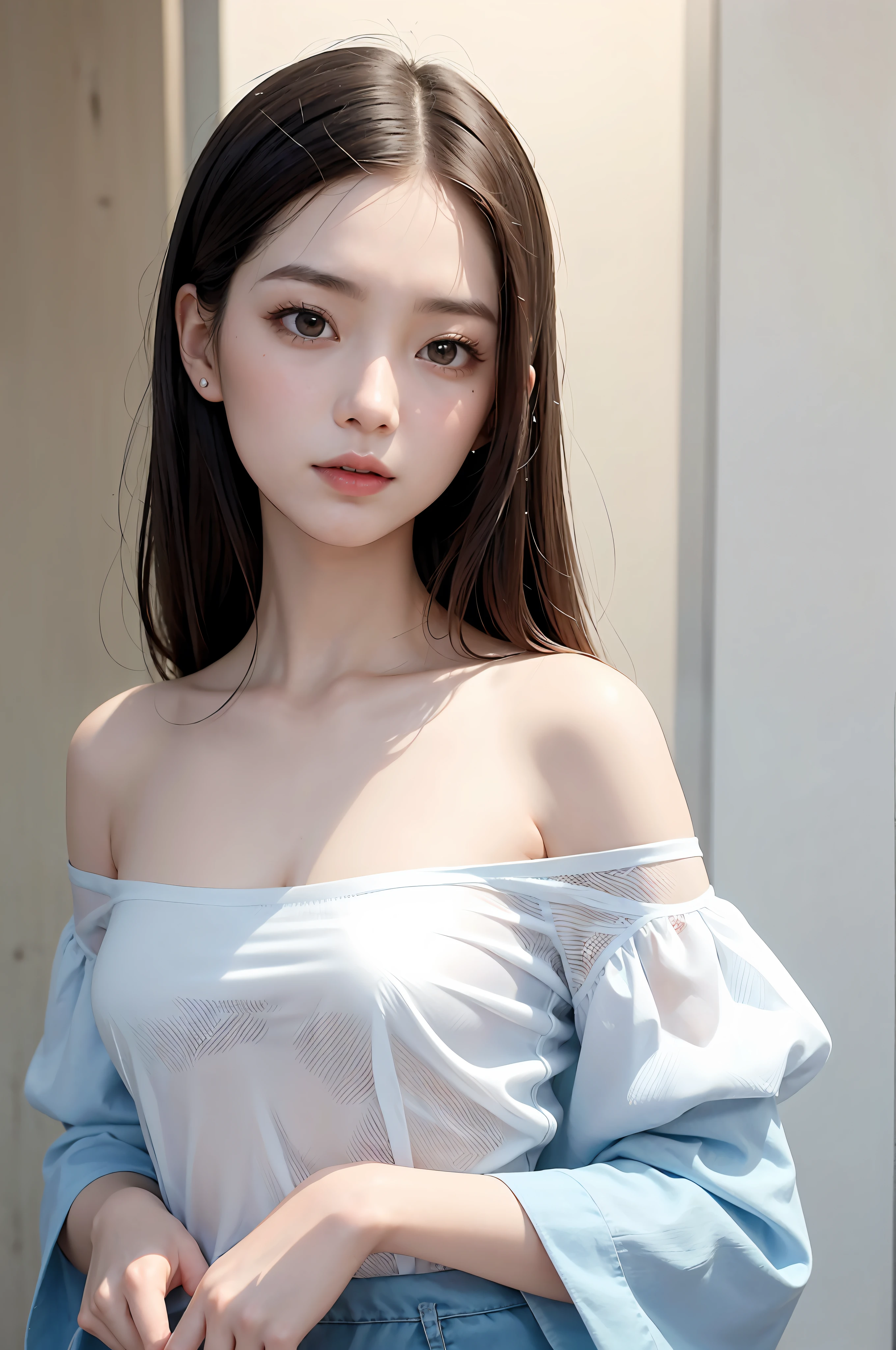 Fashion trendy beautiful and charming woman, gentle and charming Chinese beautiful woman, delicate and sexy collarbone, charming oval face, double eyelids, smart peach blossom eyes, pink lips, small nose, bare shoulders, focus on the face, close-up of the face, Ultra-high-definition, super-detailed, full-body photo, ultra-thin and light-transmitting, the white off-the-shoulder shirt perfectly echoes the light blue slit skirt, fresh and good, and can be seen through