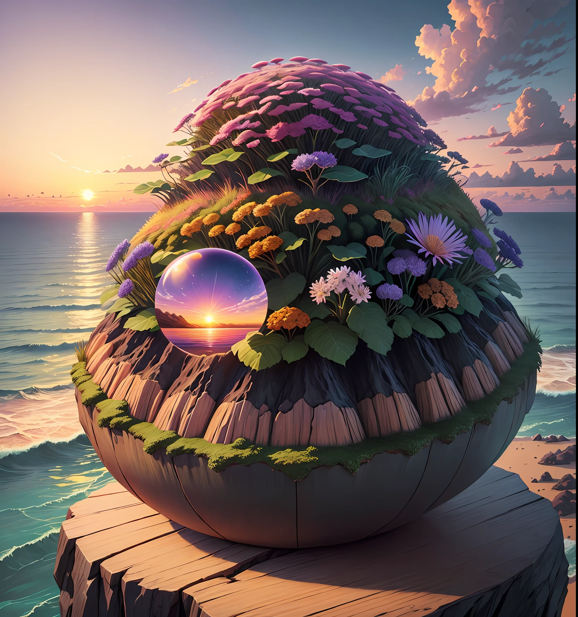 nature, detailed lighting, sea of flowers, sky, sunset, breeze, leaf fall, cliff, realistic anthill, hemispherical looking down from the sky
