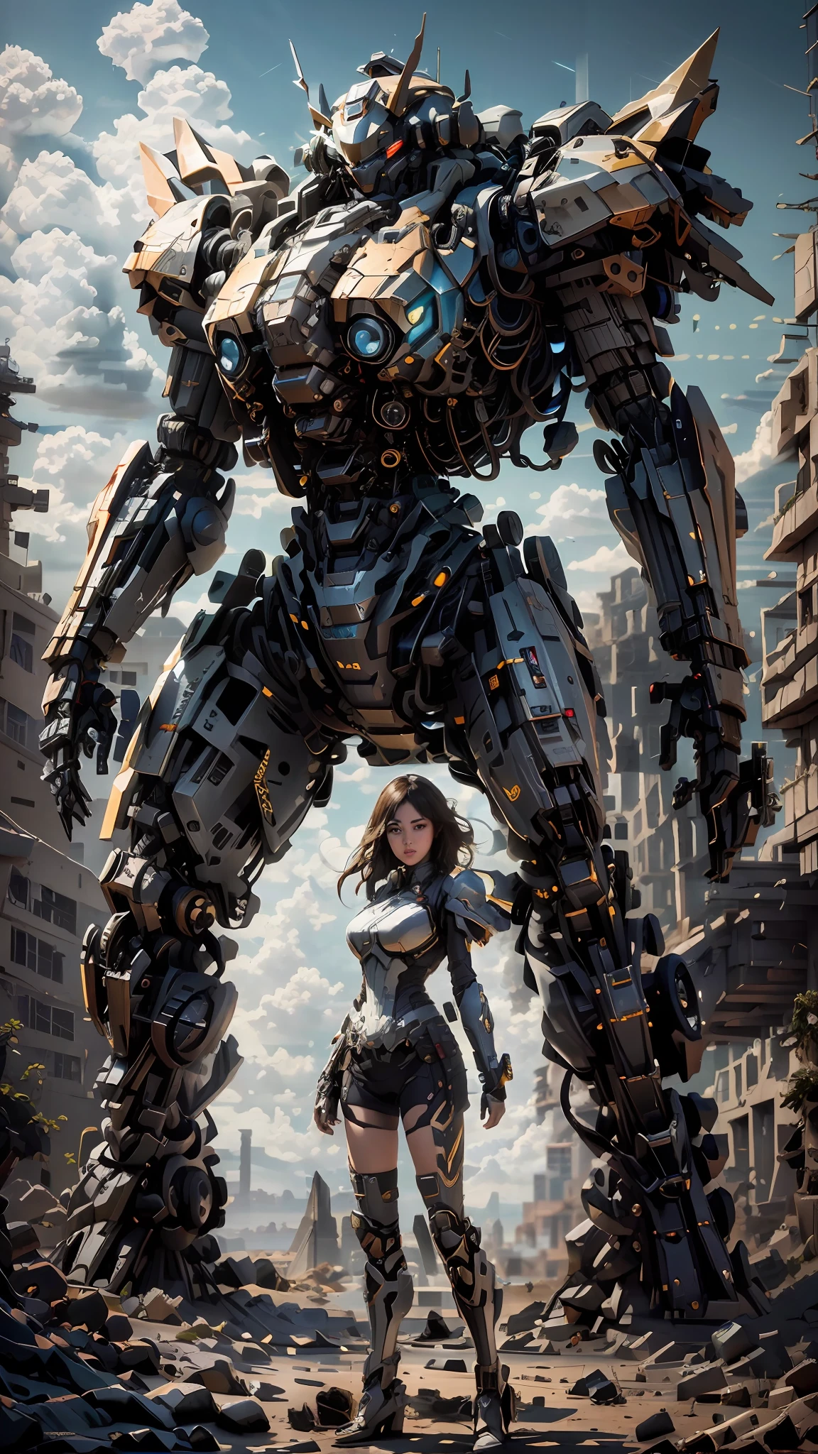 ((Best Quality)), ((Masterpiece)), (Very Detailed:1.3), 3D, Shitu-mecha, Beautiful cyberpunk woman with her mech in the ruins of a city in the forgotten war, ancient technology, HDR (High Dynamic Range), ray tracing, NVIDIA RTX, Super Resolution, Unreal 5, Subsurface scattering, PBR texture, Post processing, Anisotropic filtering, Depth of field, Maximum sharpness and sharpness, Multilayer texture, Albedo and highlight maps, Surface shading, Accurate simulation of light-material interactions, perfect ratios, octane rendering, duotone lighting, low ISO, white balance, rule of thirds, wide aperture, 8K RAW, efficient sub-pixels, subpixel convolution, luminescent particles, light scattering, Tyndall effect Pacific Rim