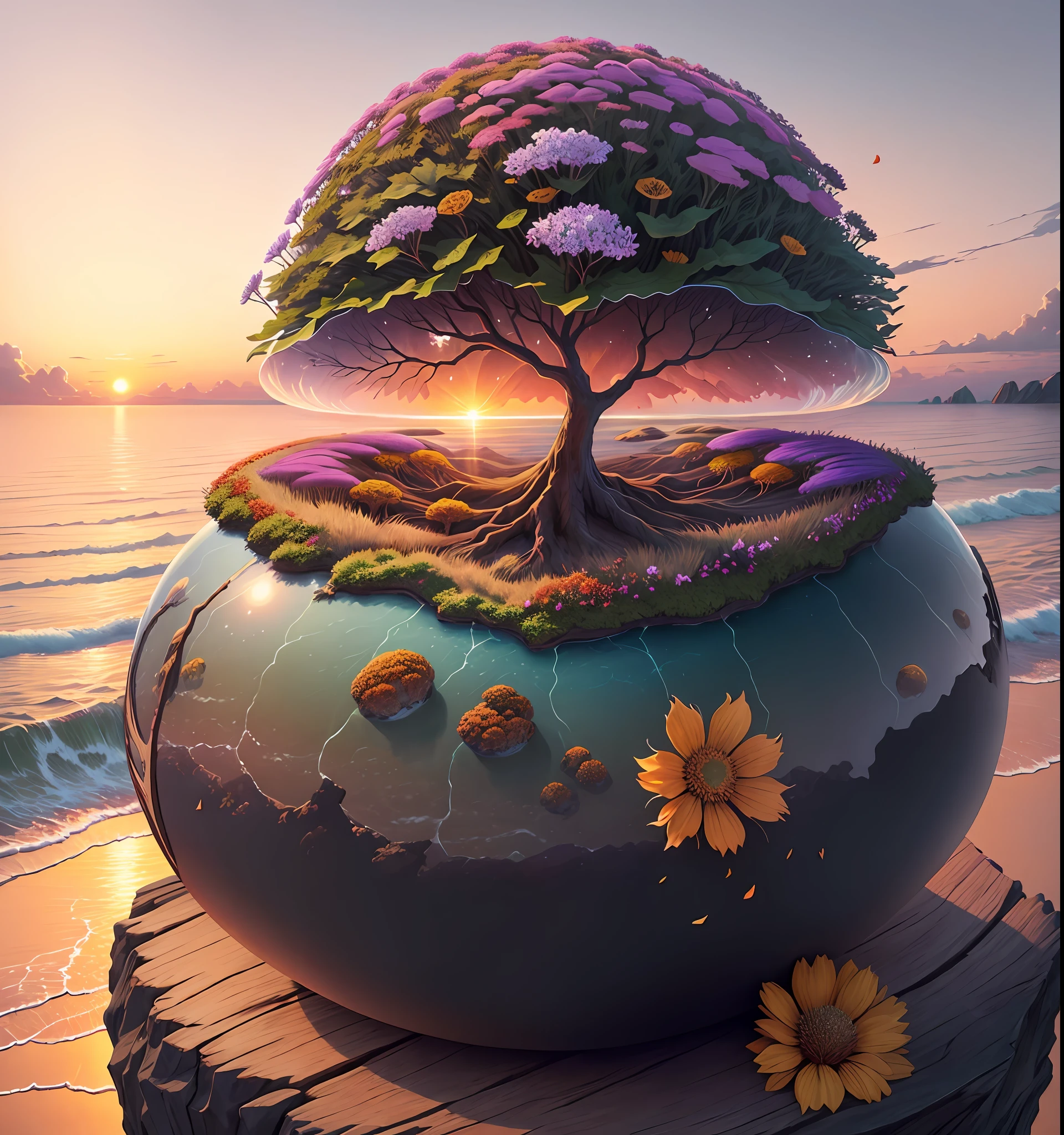nature, detailed lighting, sea of flowers, sky, sunset, breeze, leaf fall, cliff, realistic anthill, hemispherical looking down from the sky