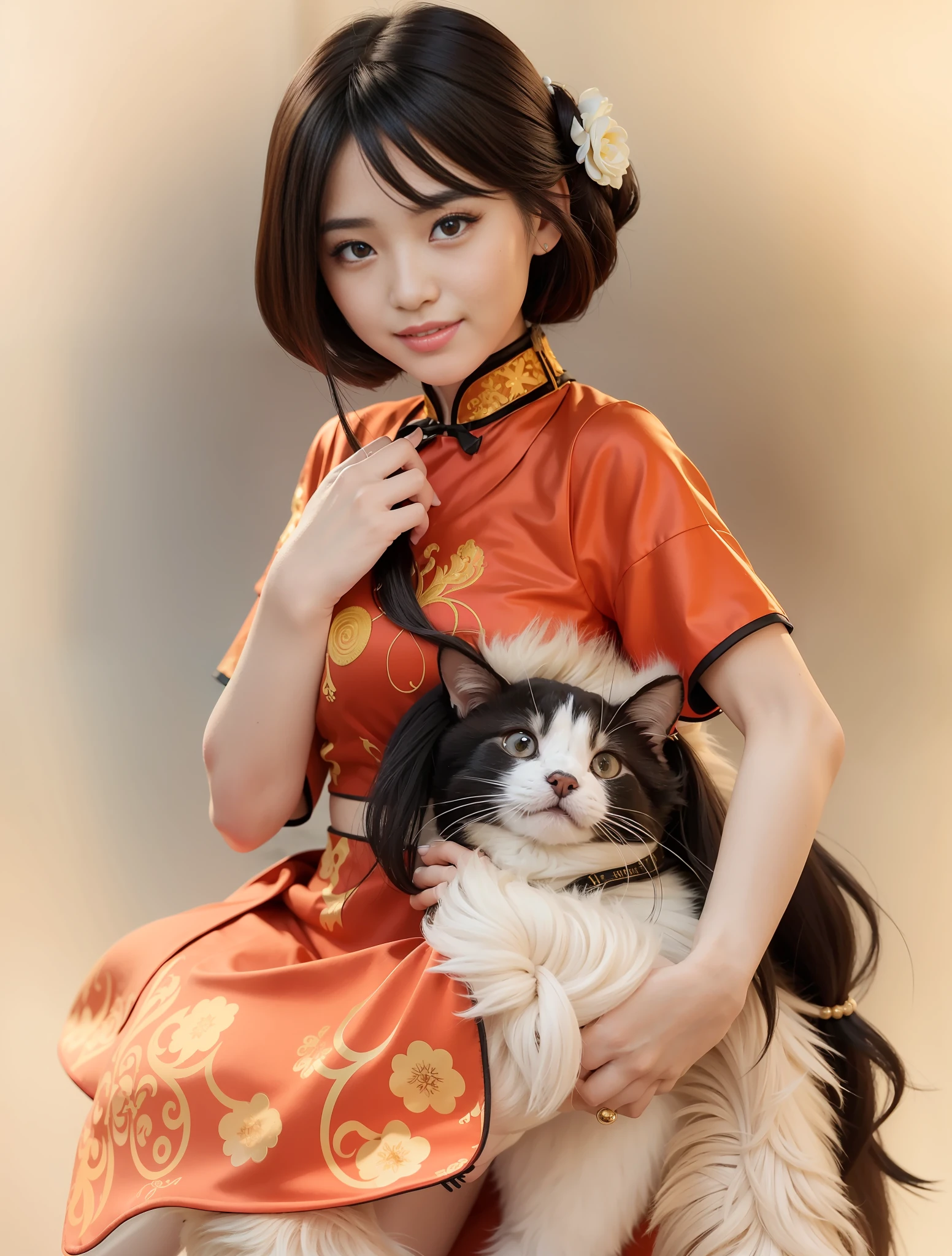 (Reality:1.4), Best Quality, Ultra High Resolution,
4K, Instagram,
Very detailed,
1 girl,
(fur: 1.4), intricate details cheongsam,
Long hair, bangs,
Black hair, black eyes,
smile